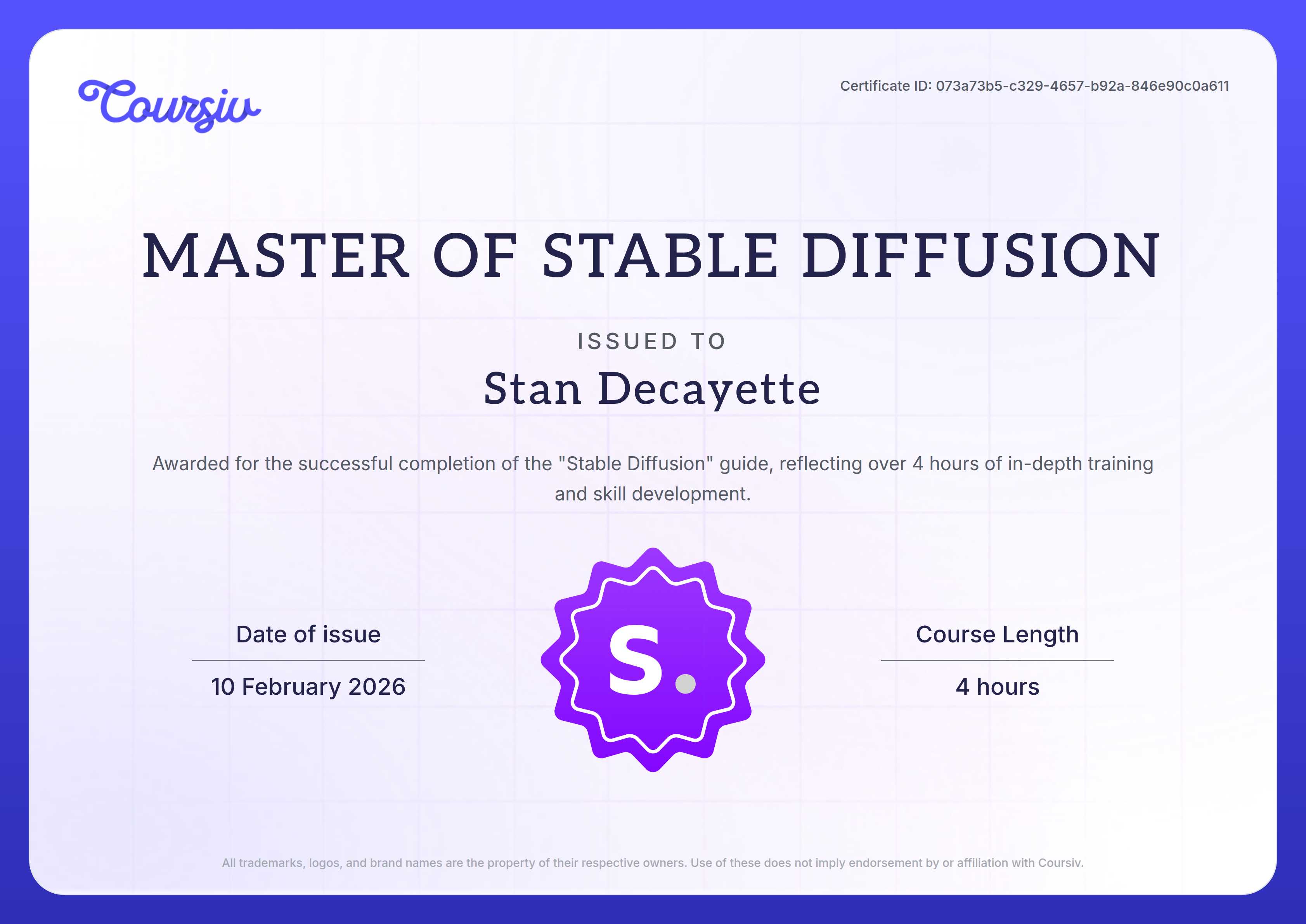 Certificate for Stable Diffusion