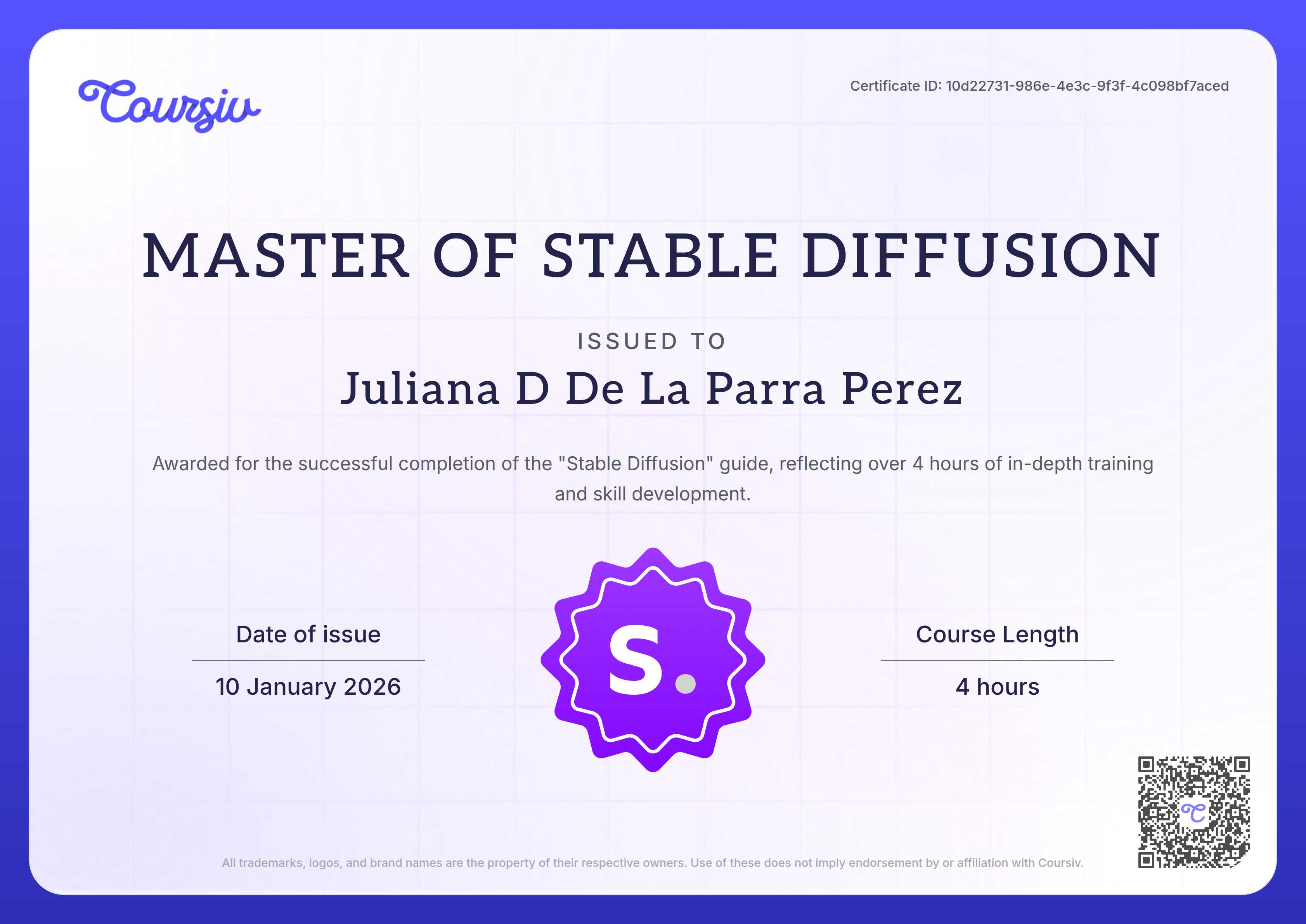 Certificate for Stable Diffusion