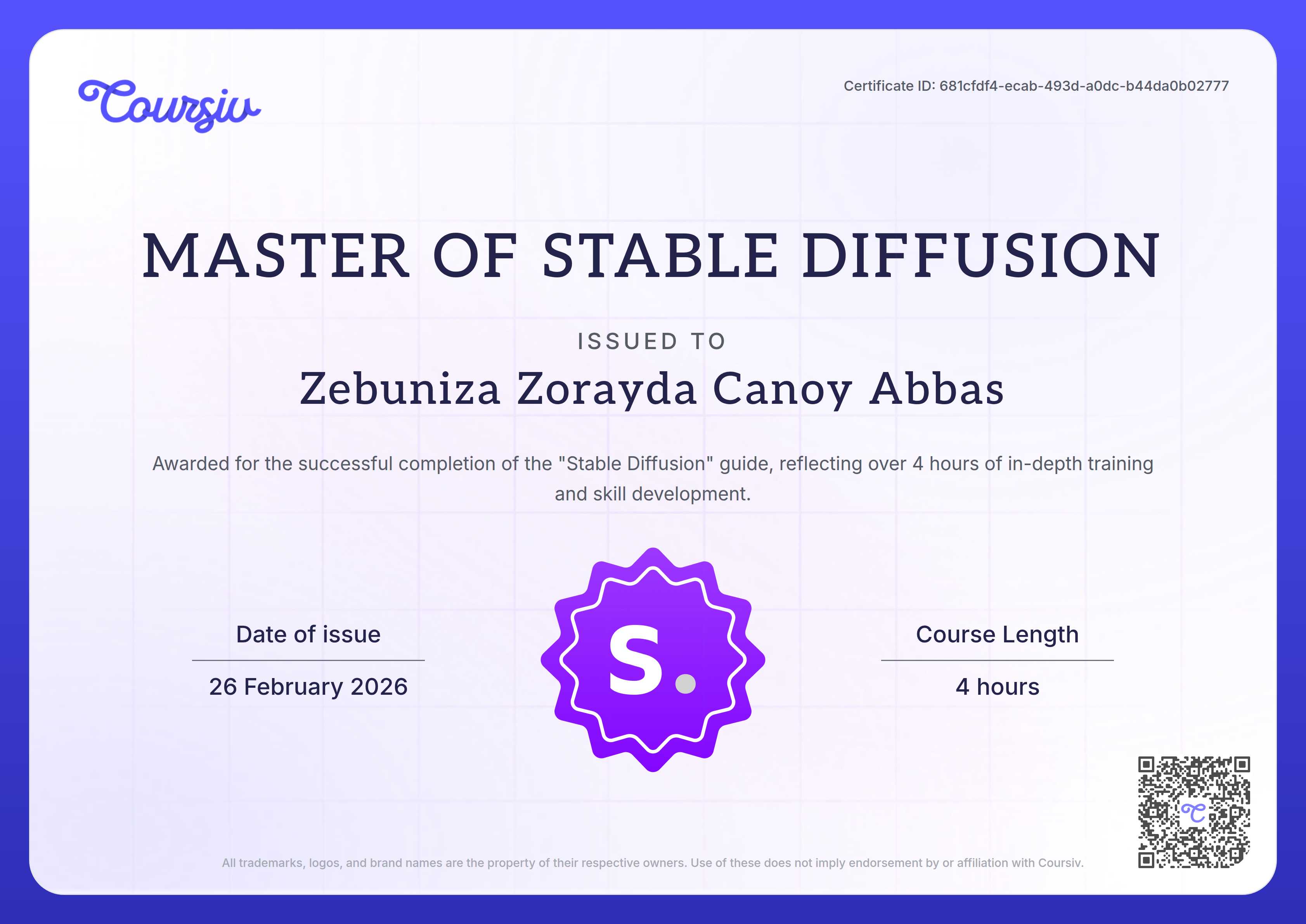 Certificate for Stable Diffusion