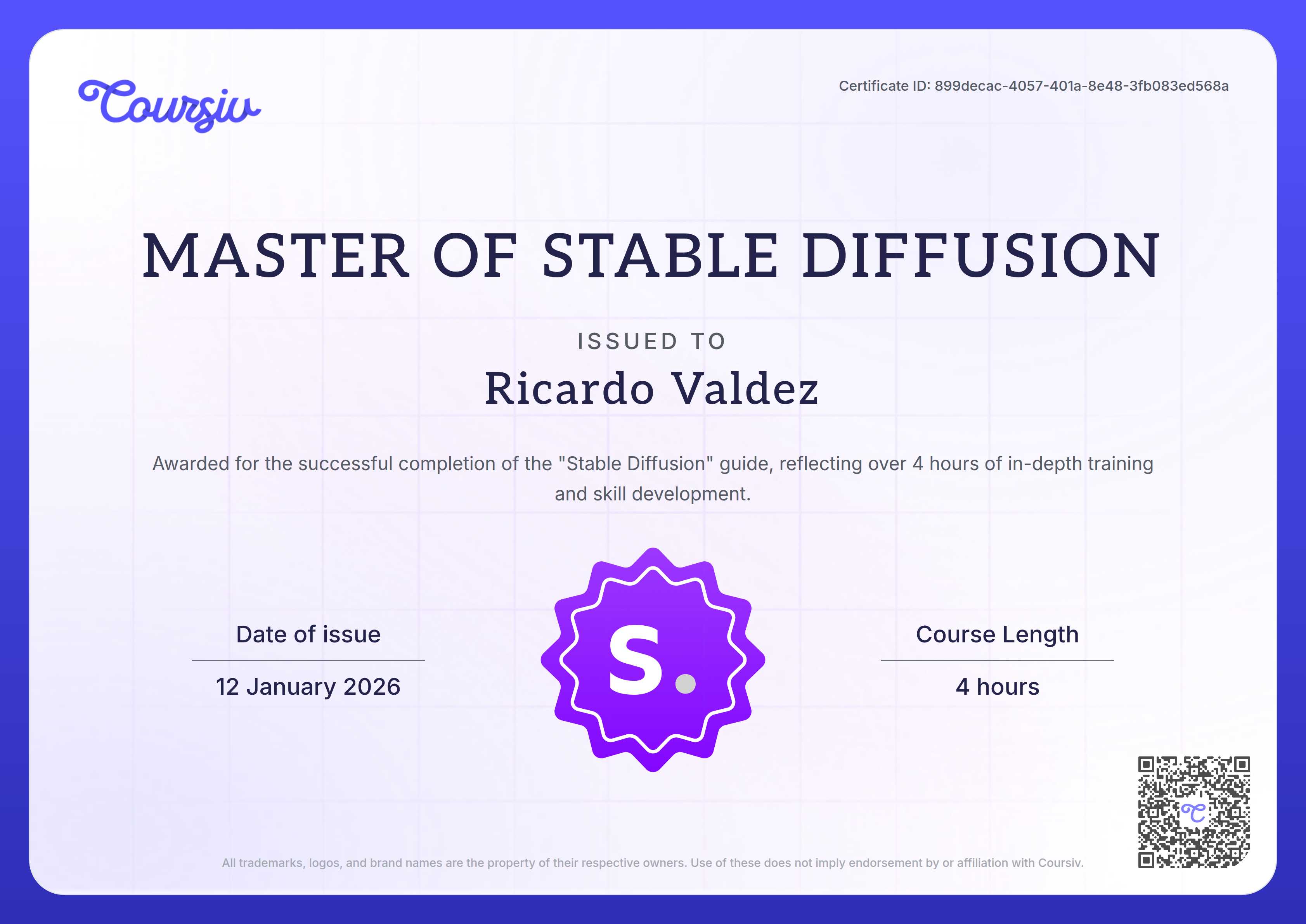 Certificate for Stable Diffusion