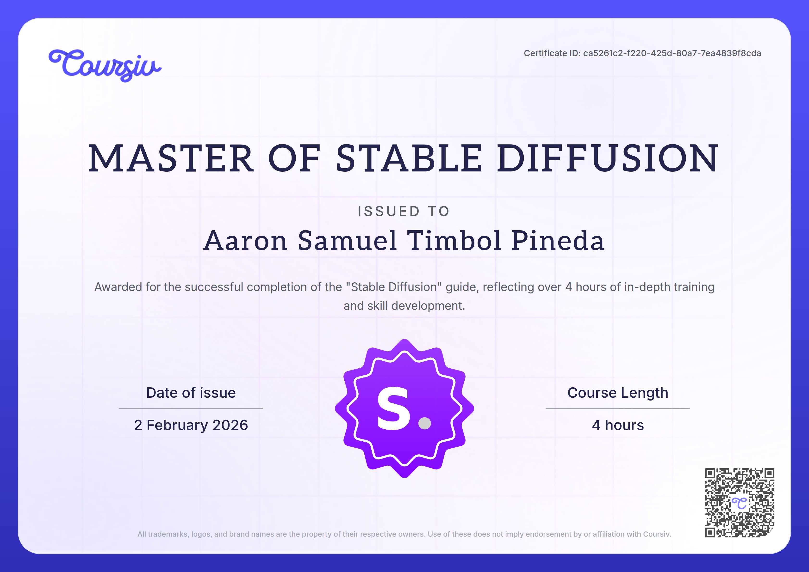 Certificate for Stable Diffusion