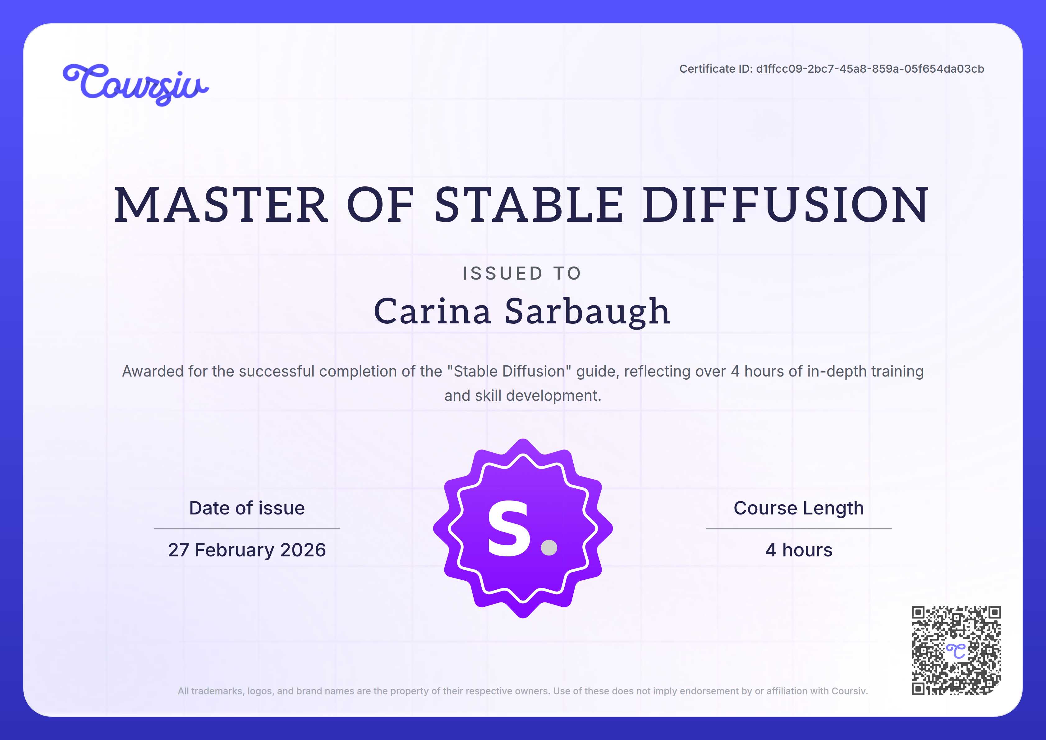 Certificate for Stable Diffusion