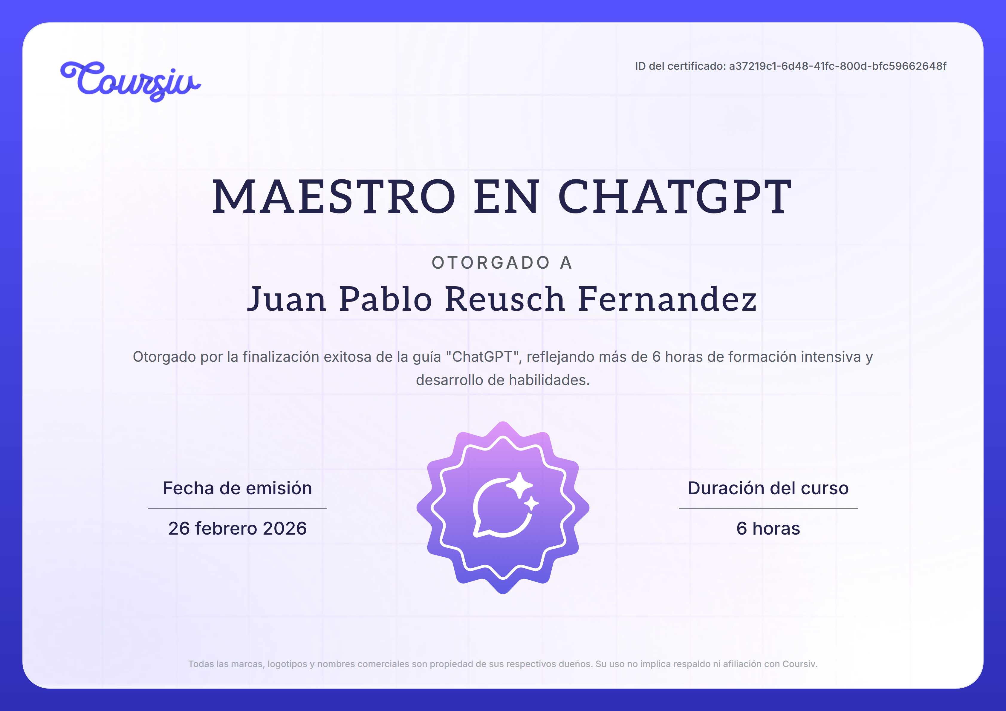 Certificate for ChatGPT