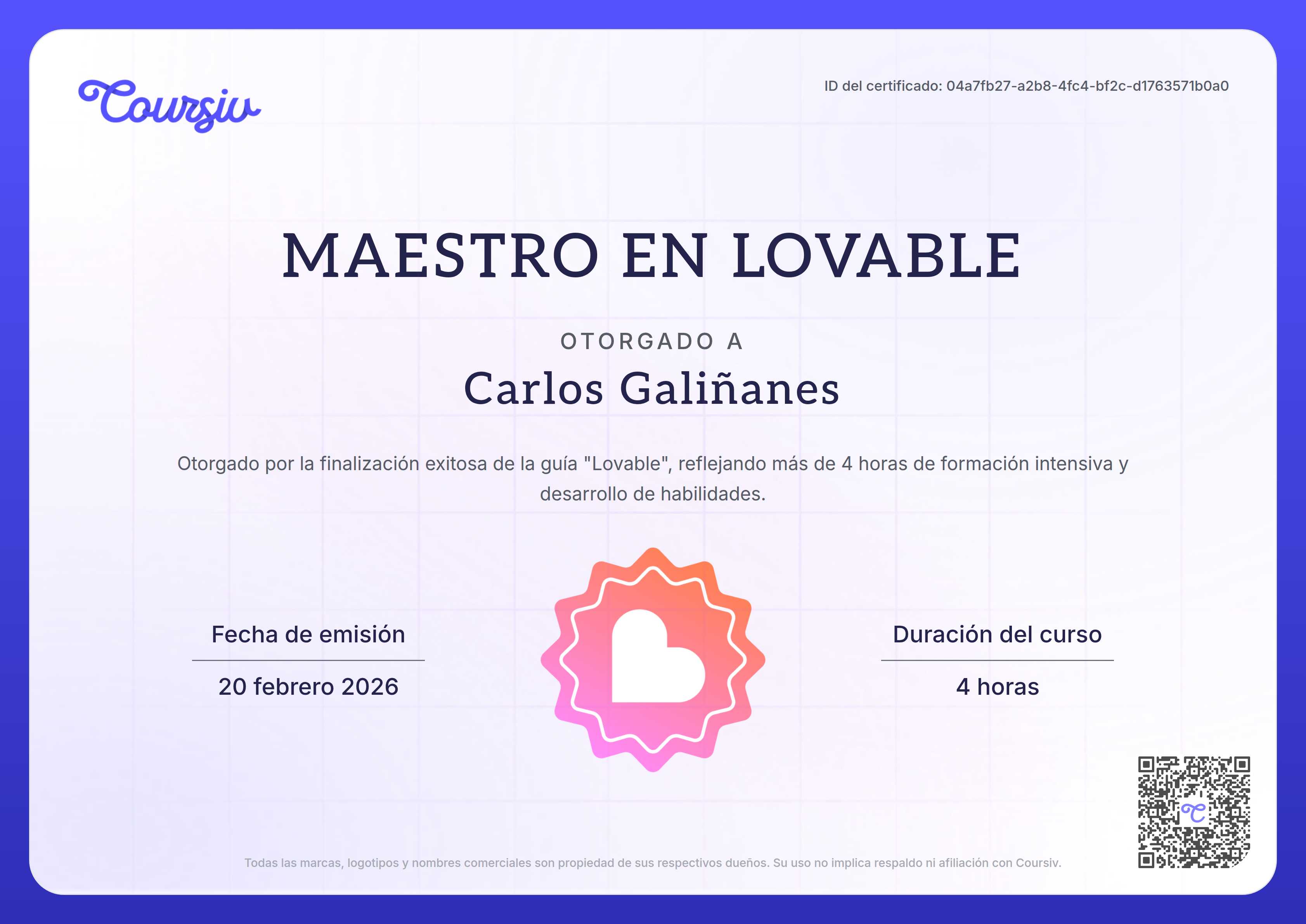 Certificate for Lovable