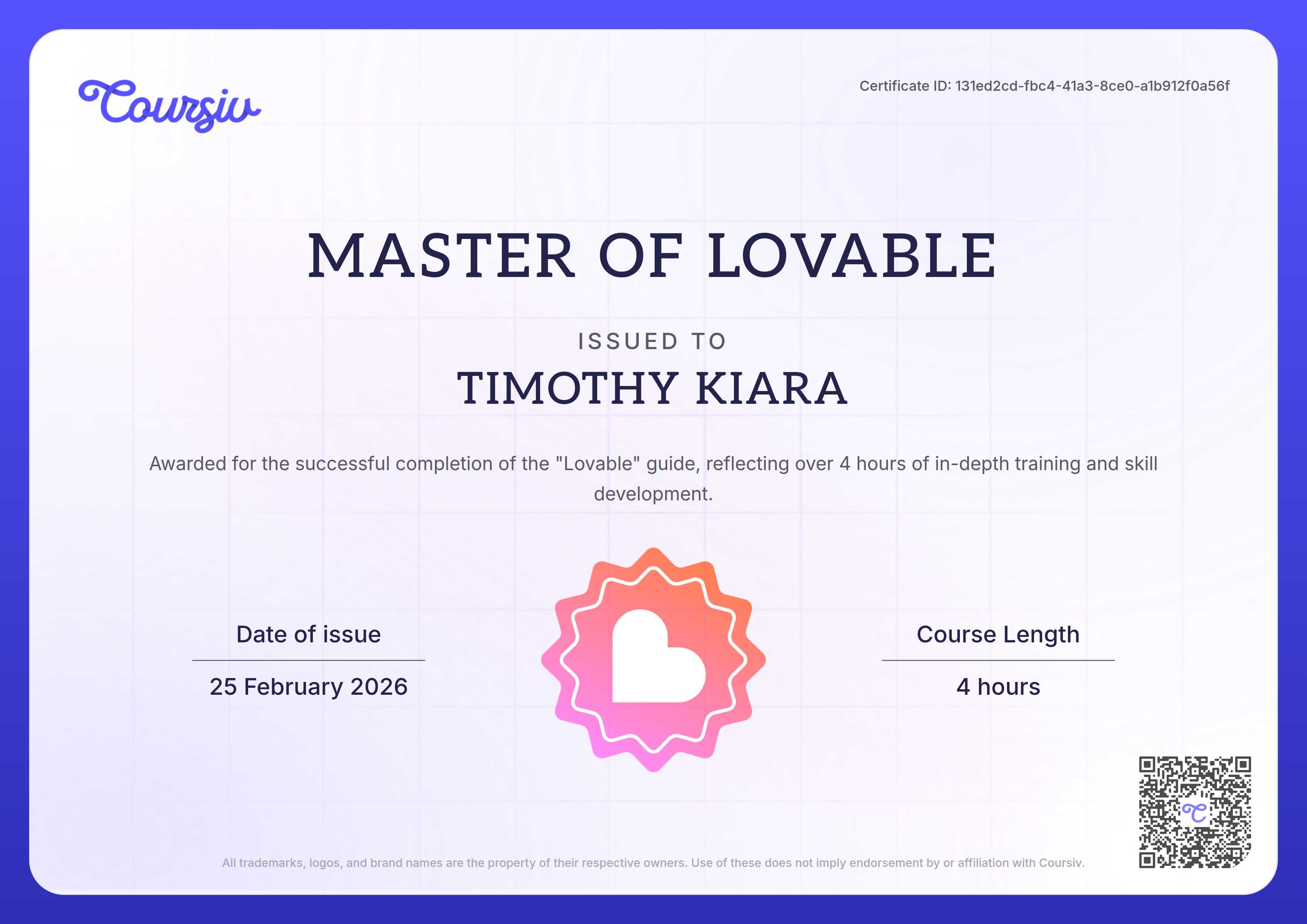 Certificate for Lovable
