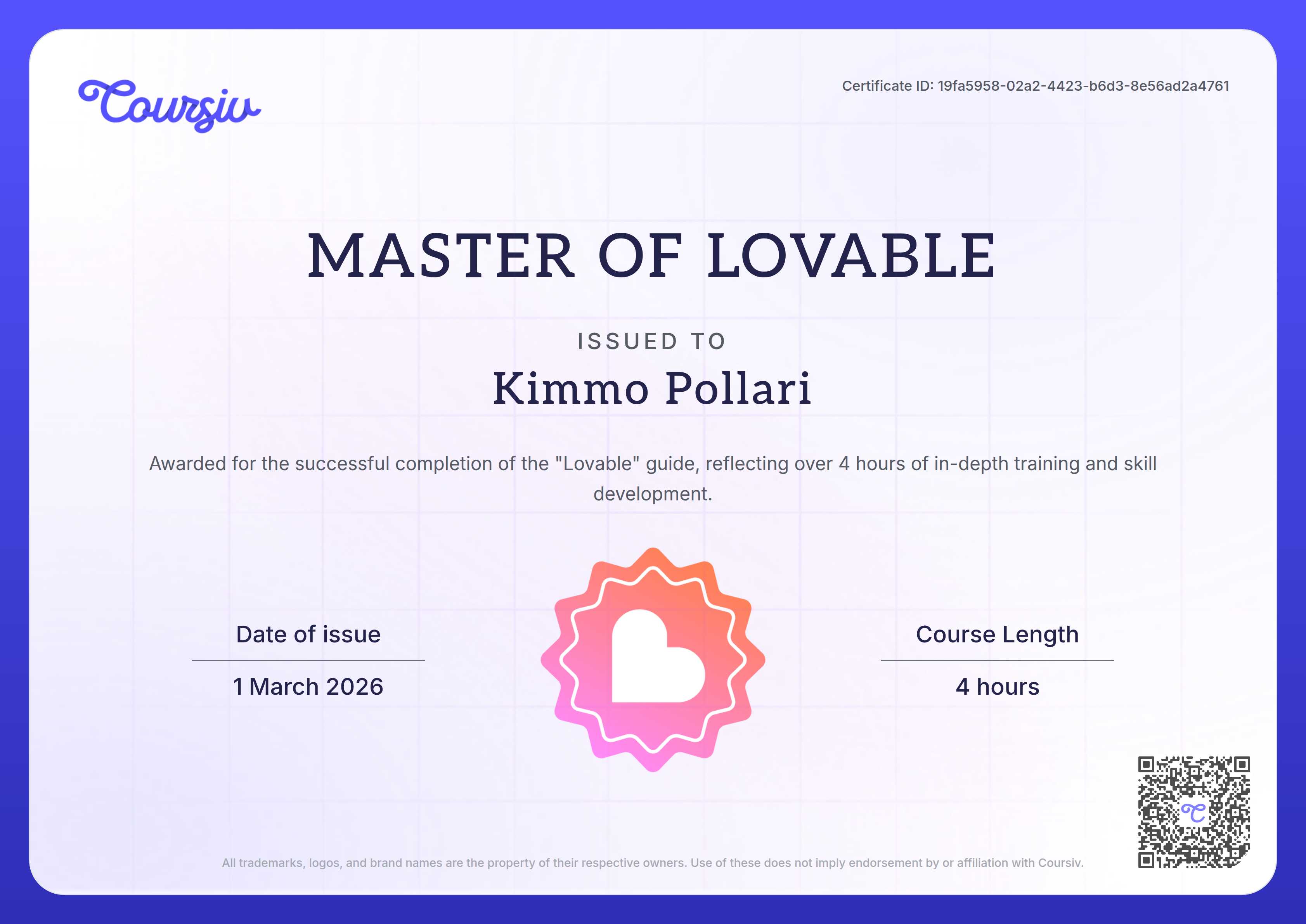 Certificate for Lovable