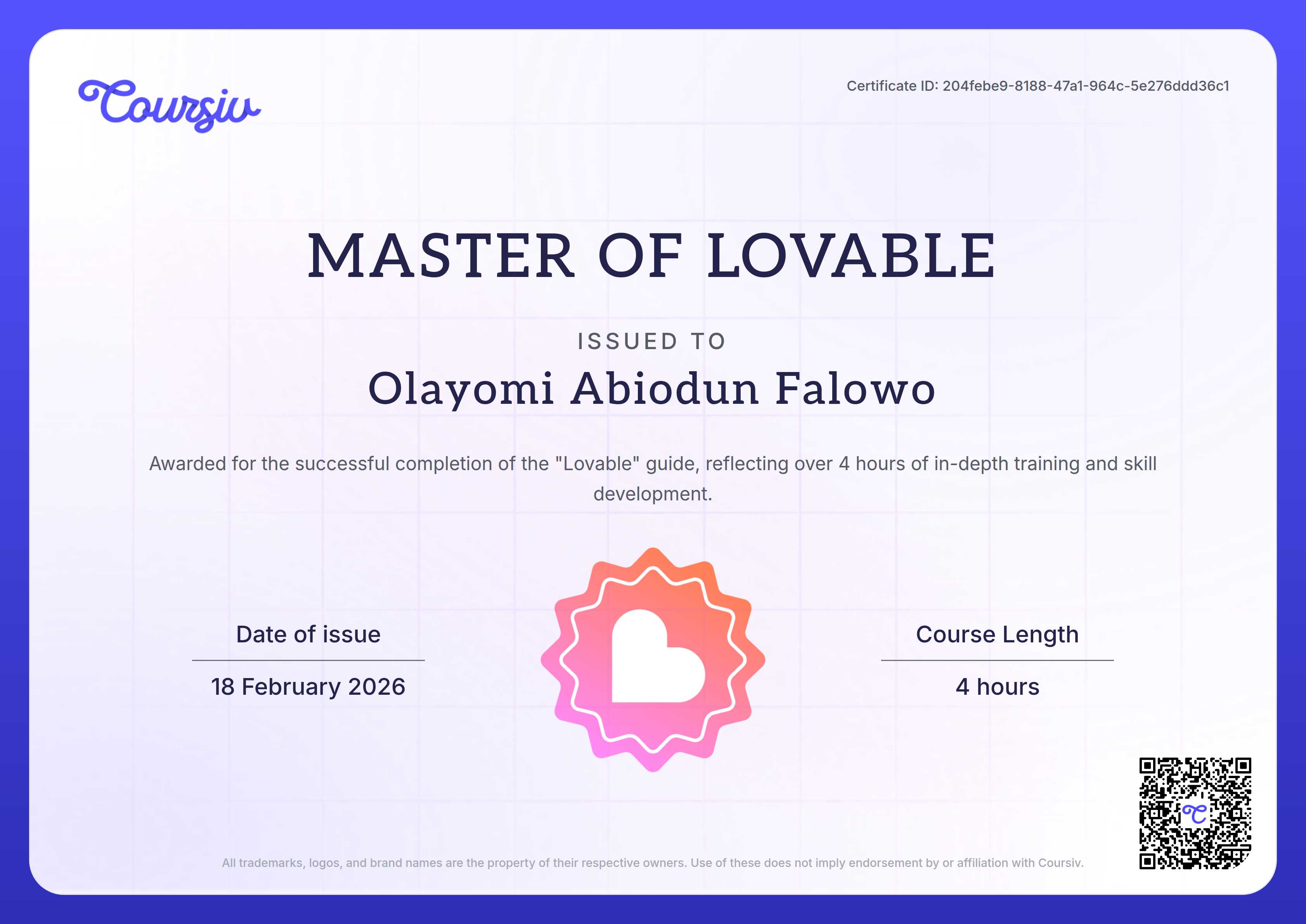 Certificate for Lovable