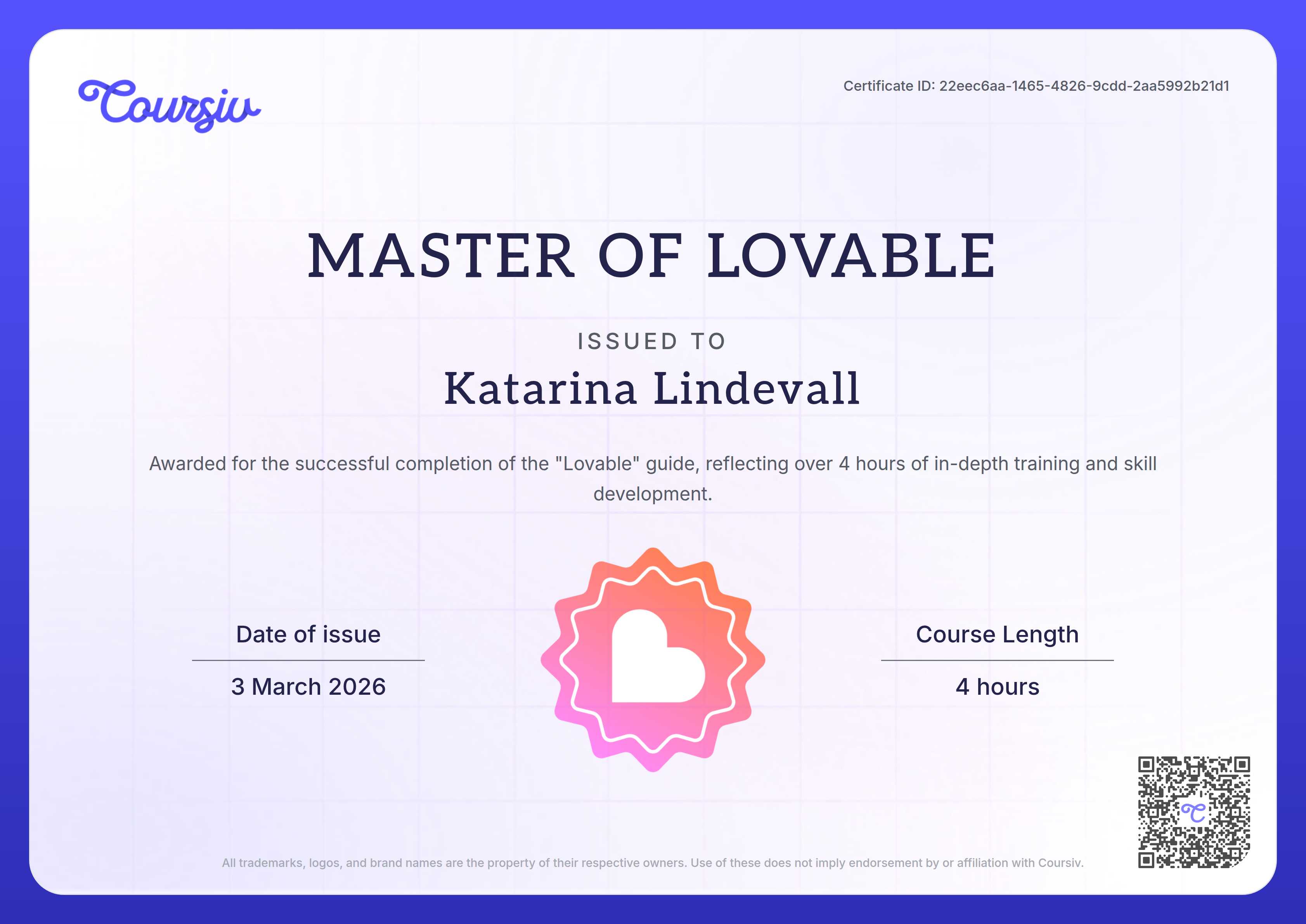 Certificate for Lovable