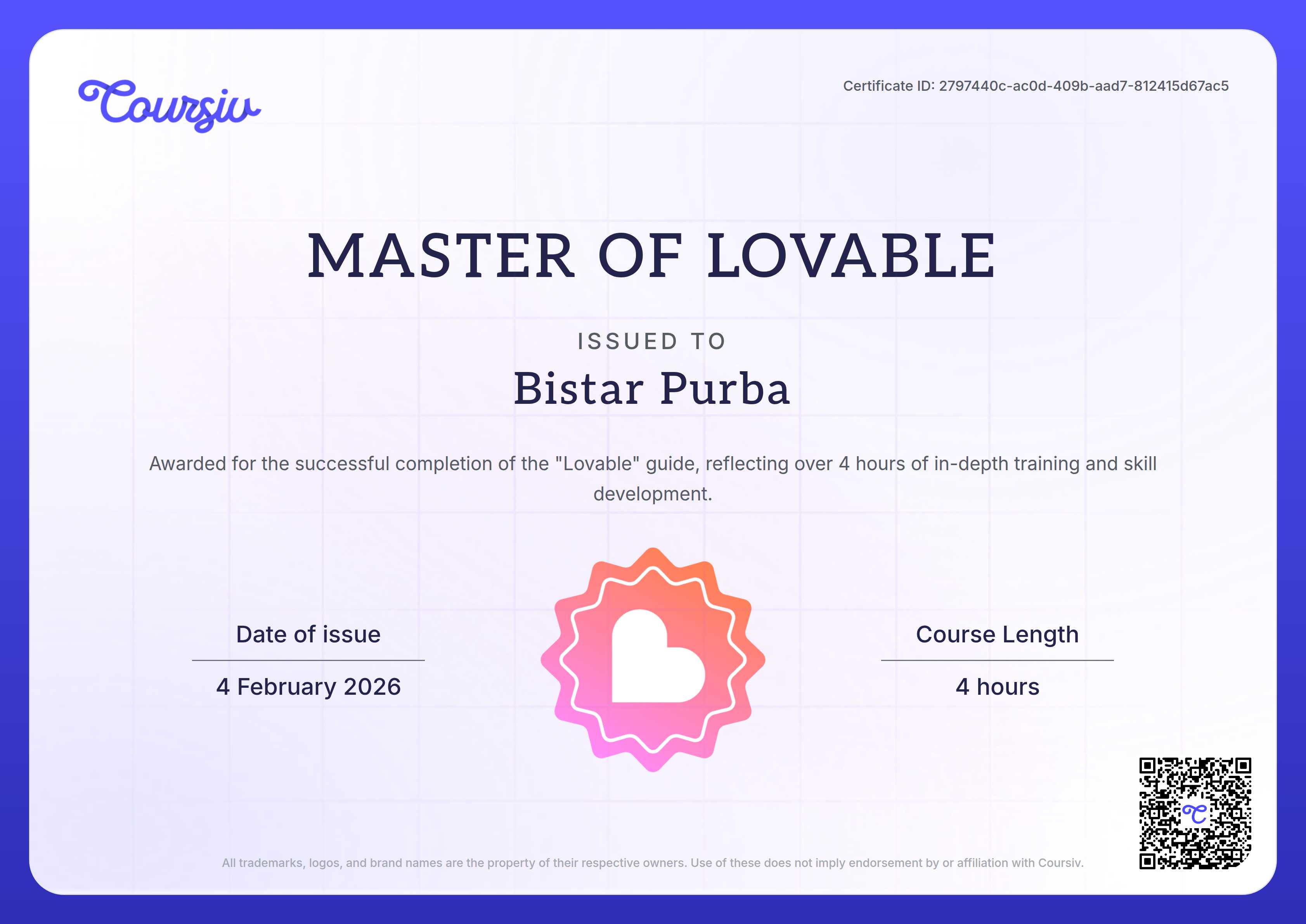 Certificate for Lovable