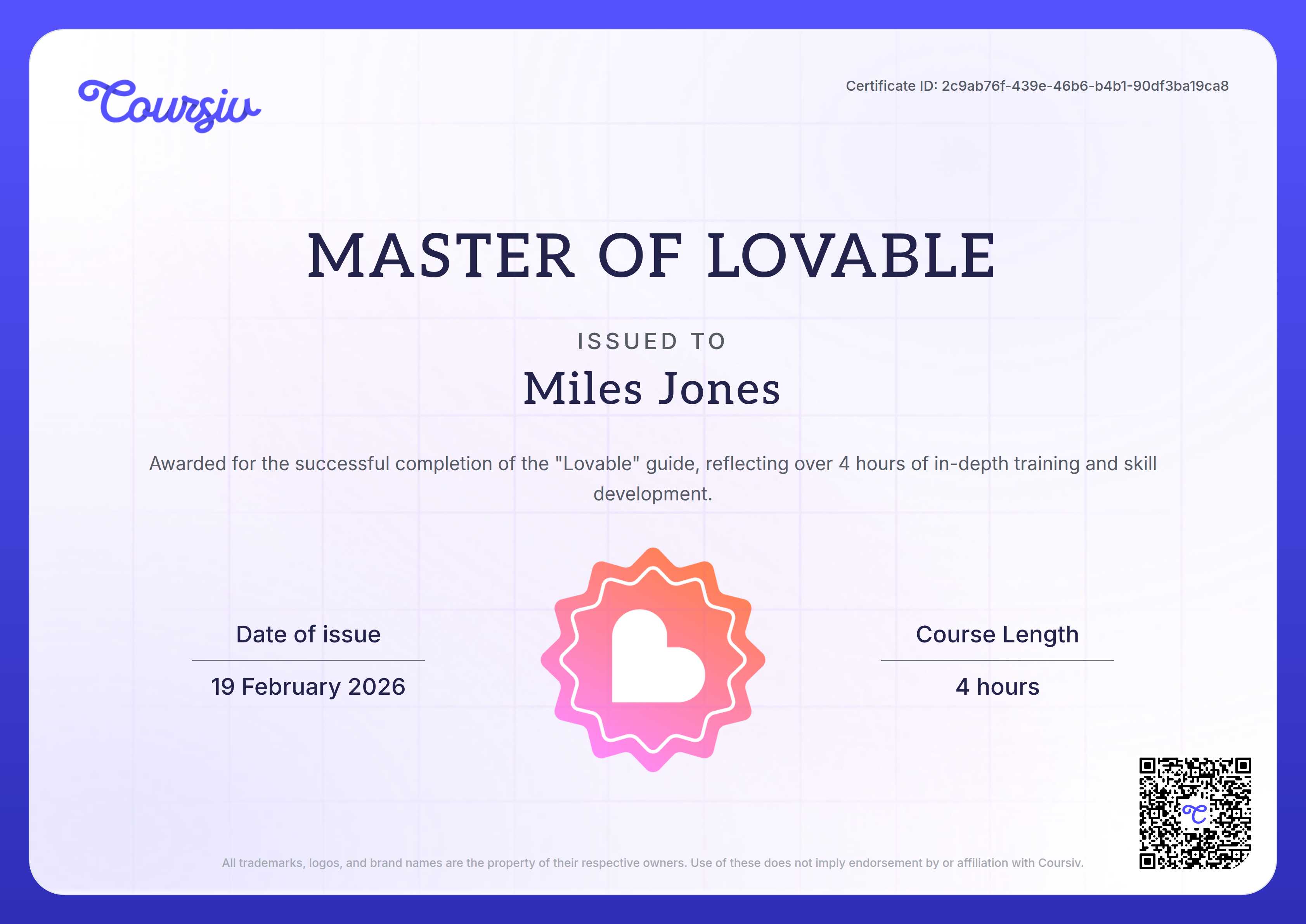 Certificate for Lovable