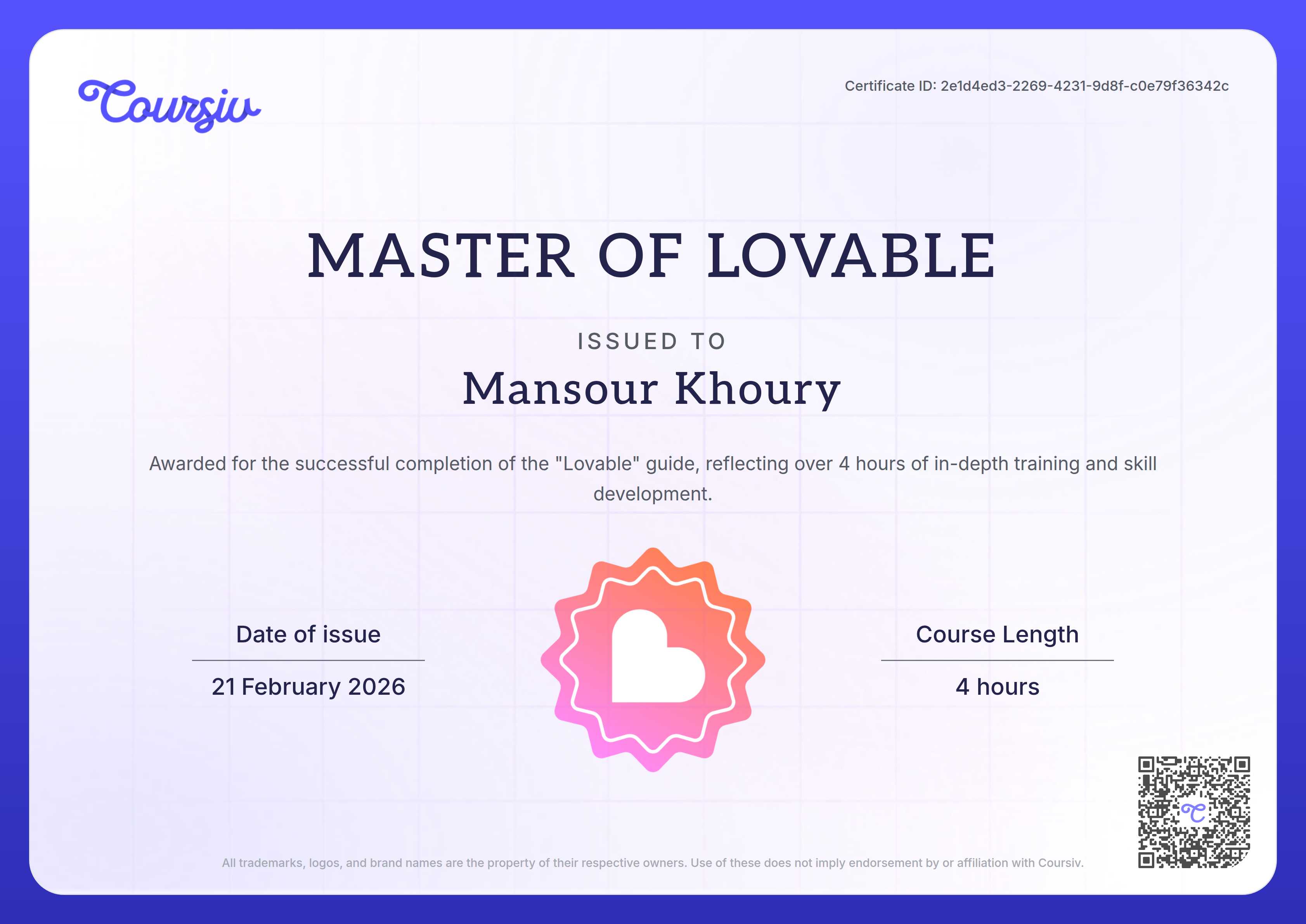Certificate for Lovable