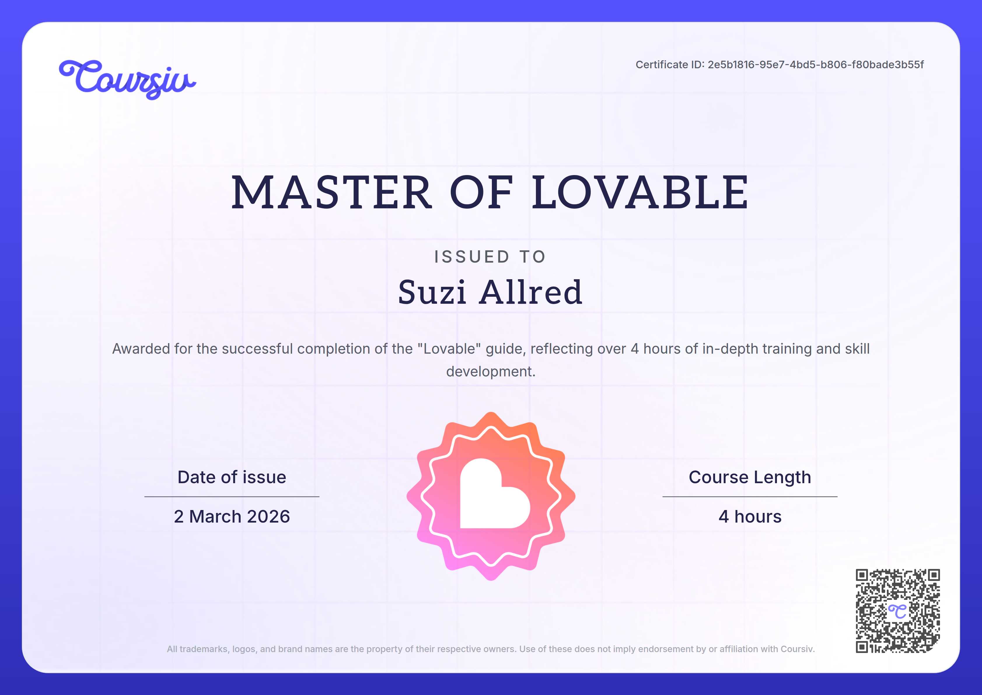 Certificate for Lovable