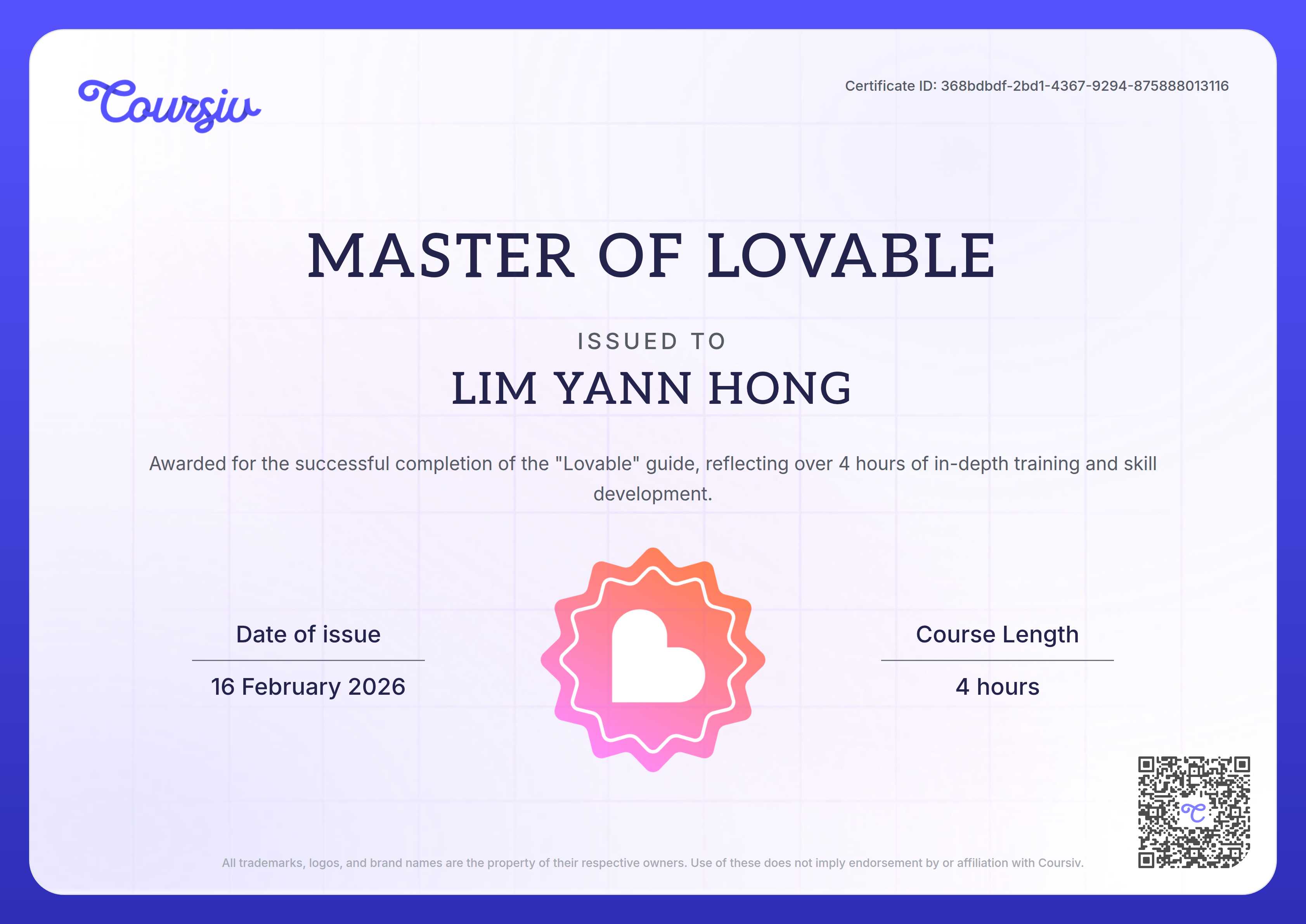 Certificate for Lovable