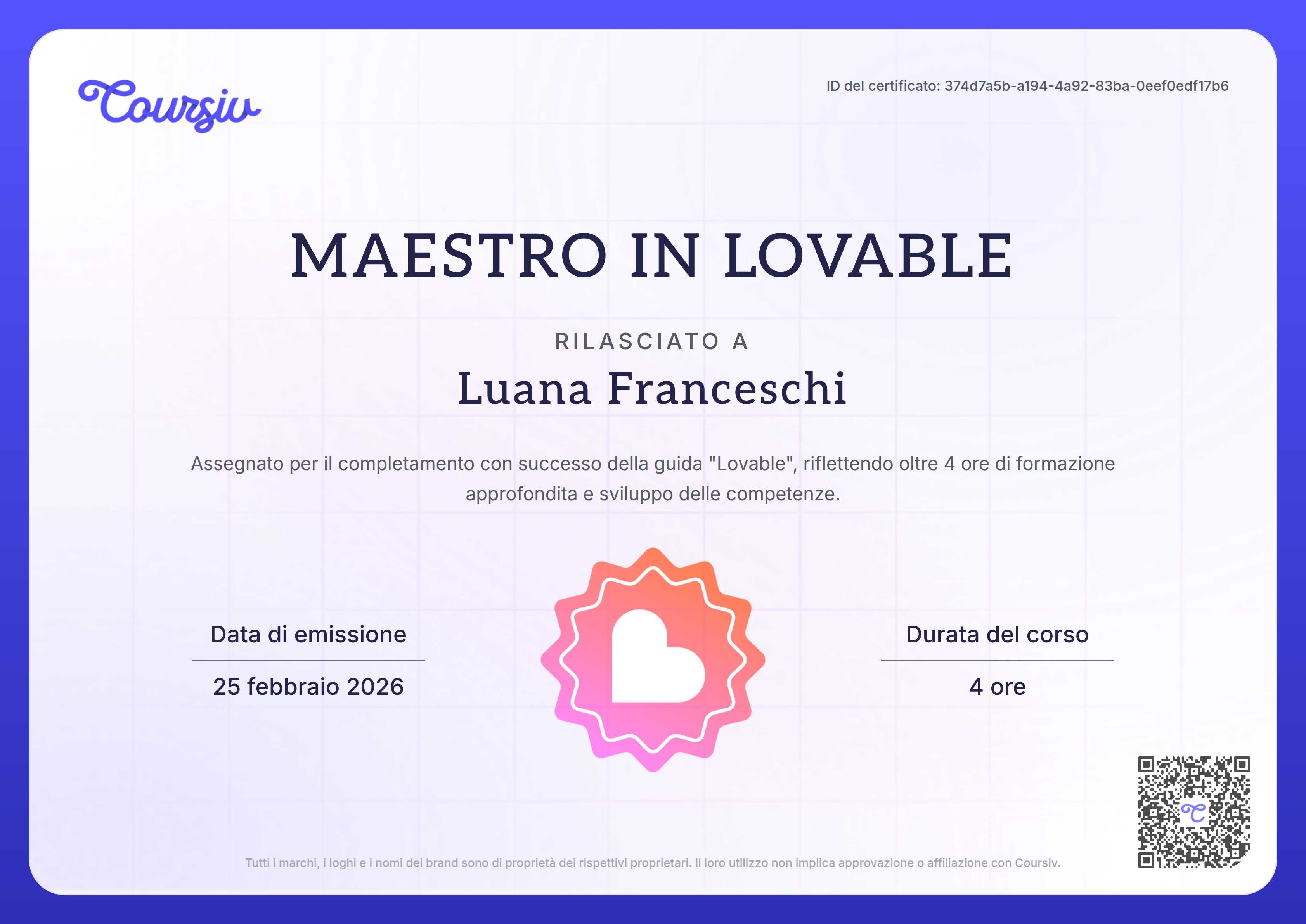 Certificate for Lovable