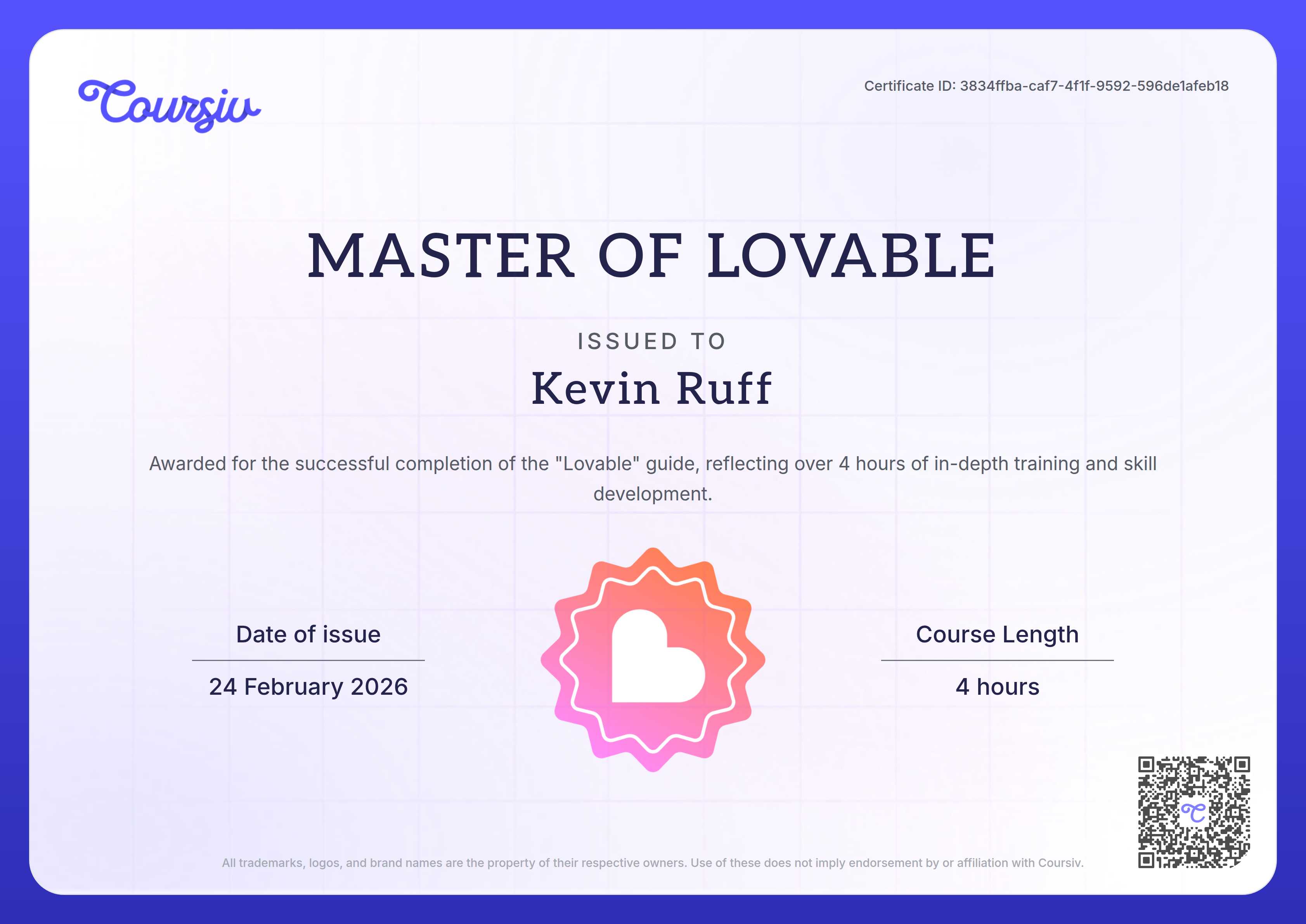 Certificate for Lovable
