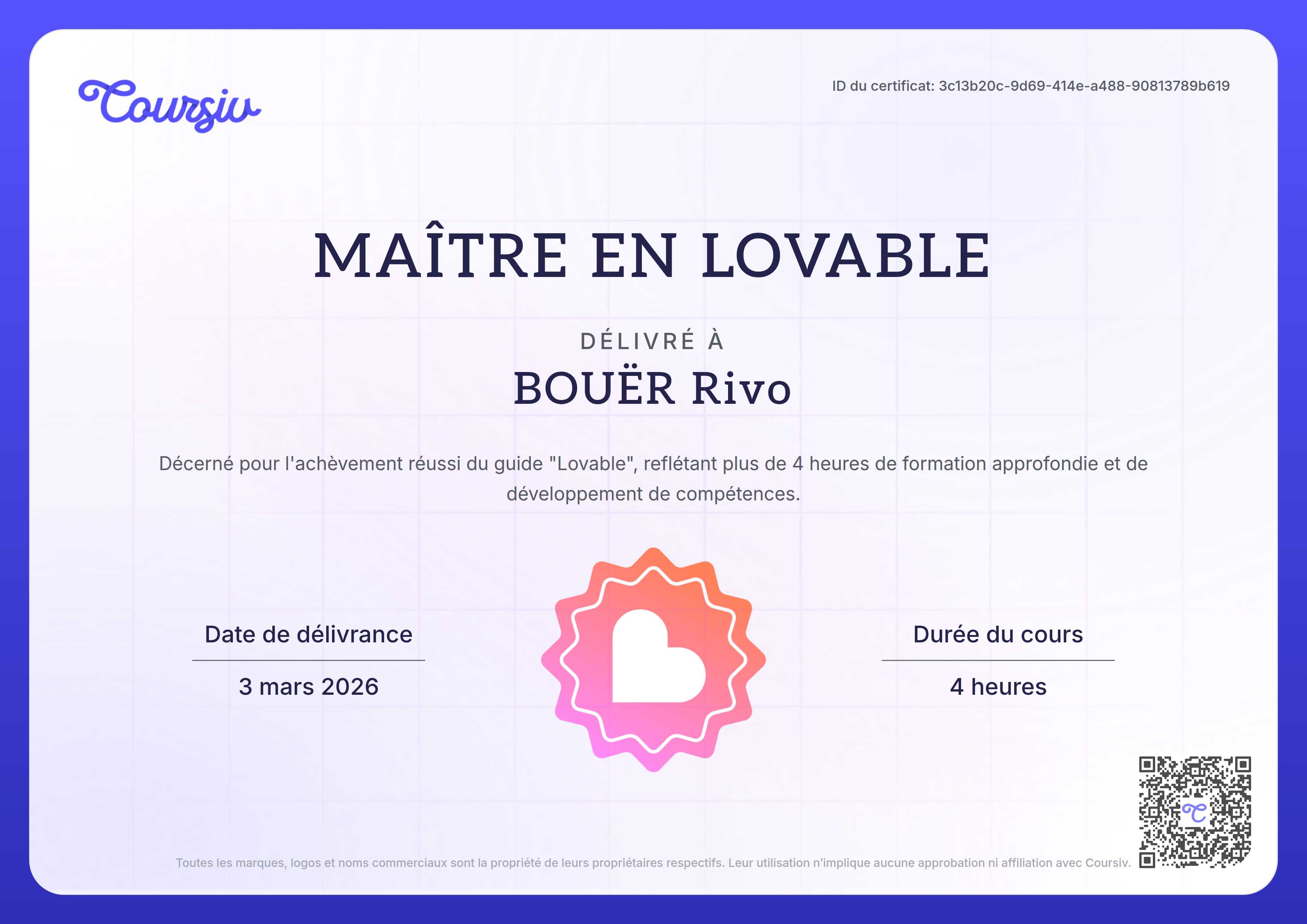 Certificate for Lovable