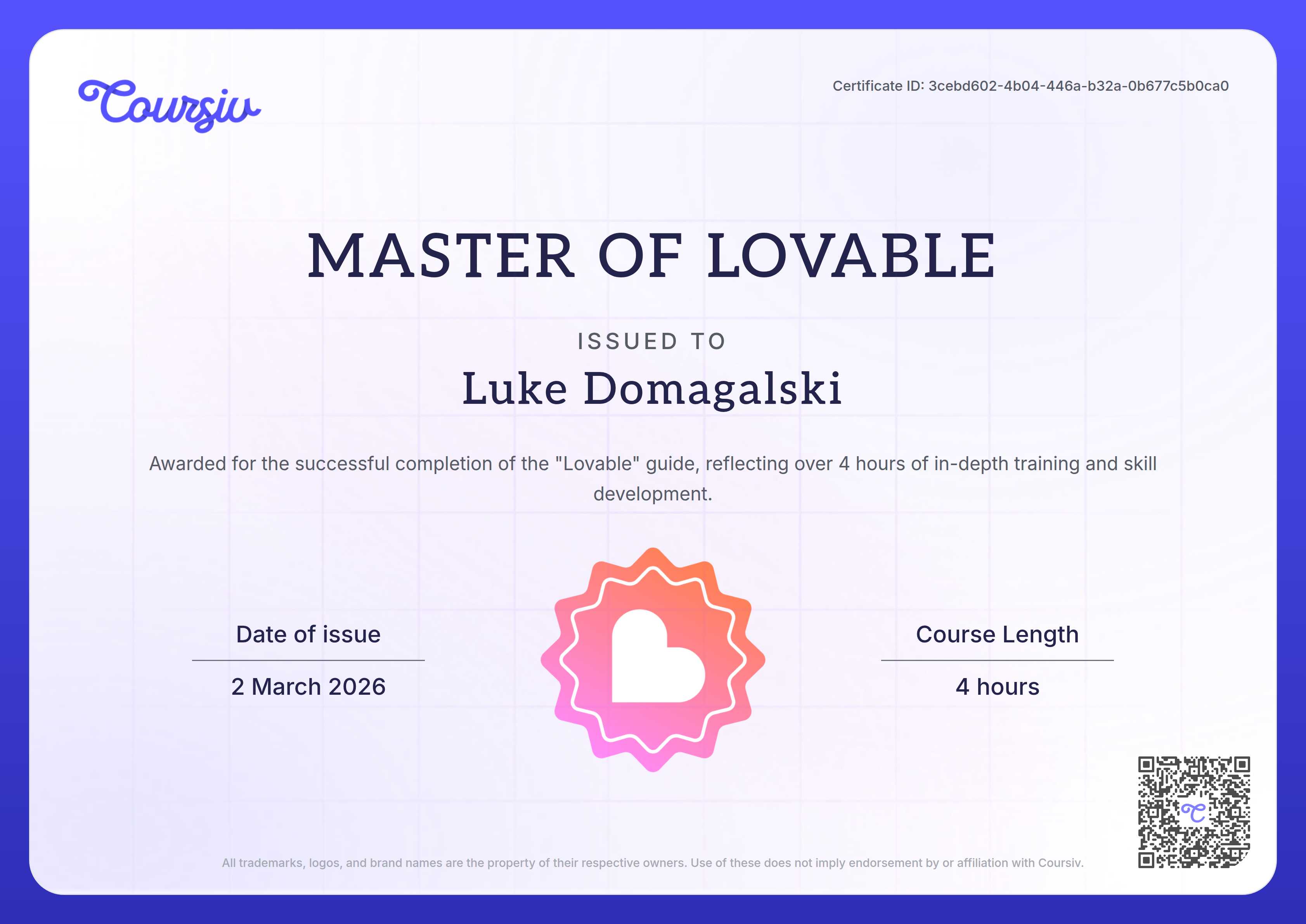 Certificate for Lovable