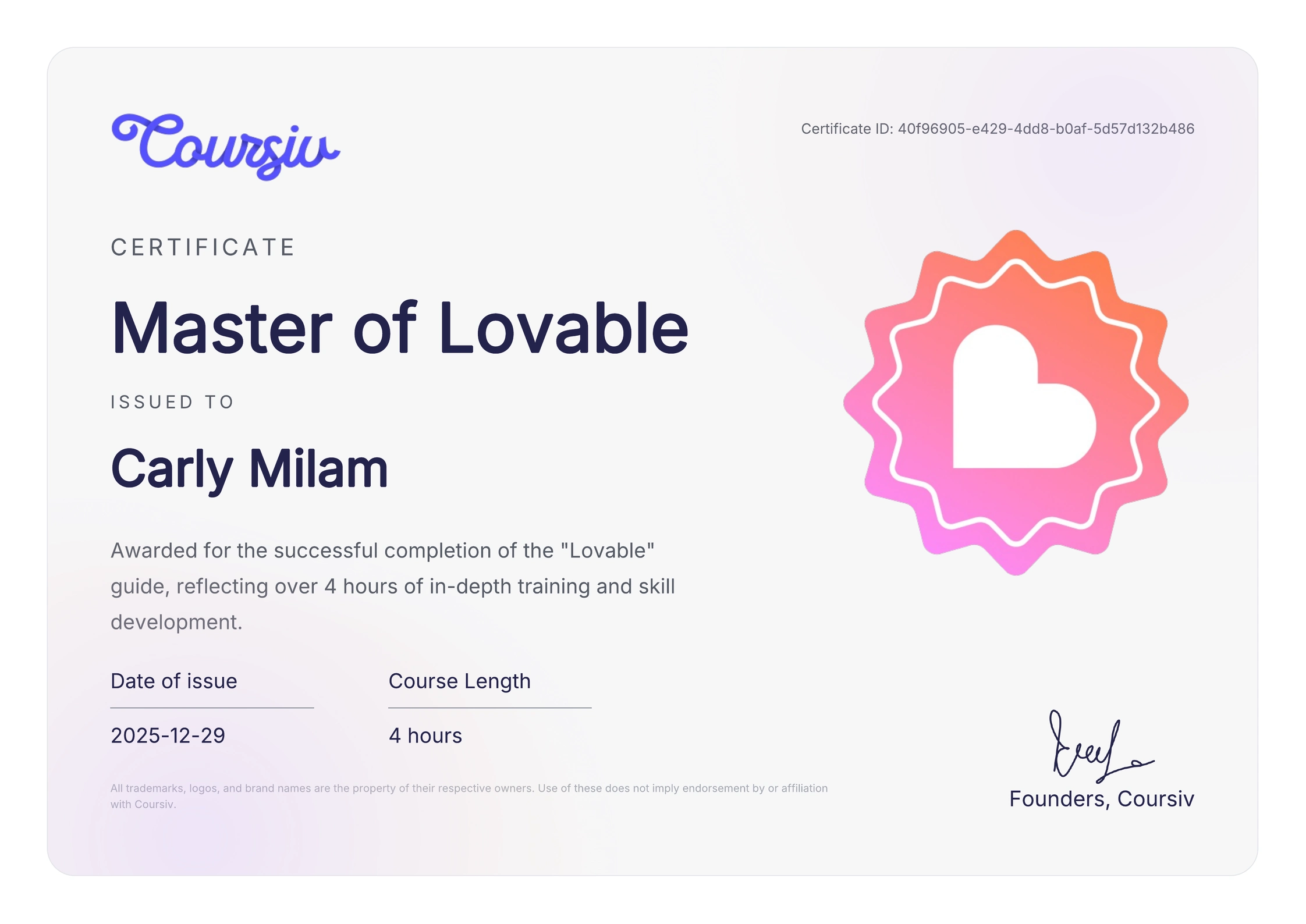 Certificate for Lovable