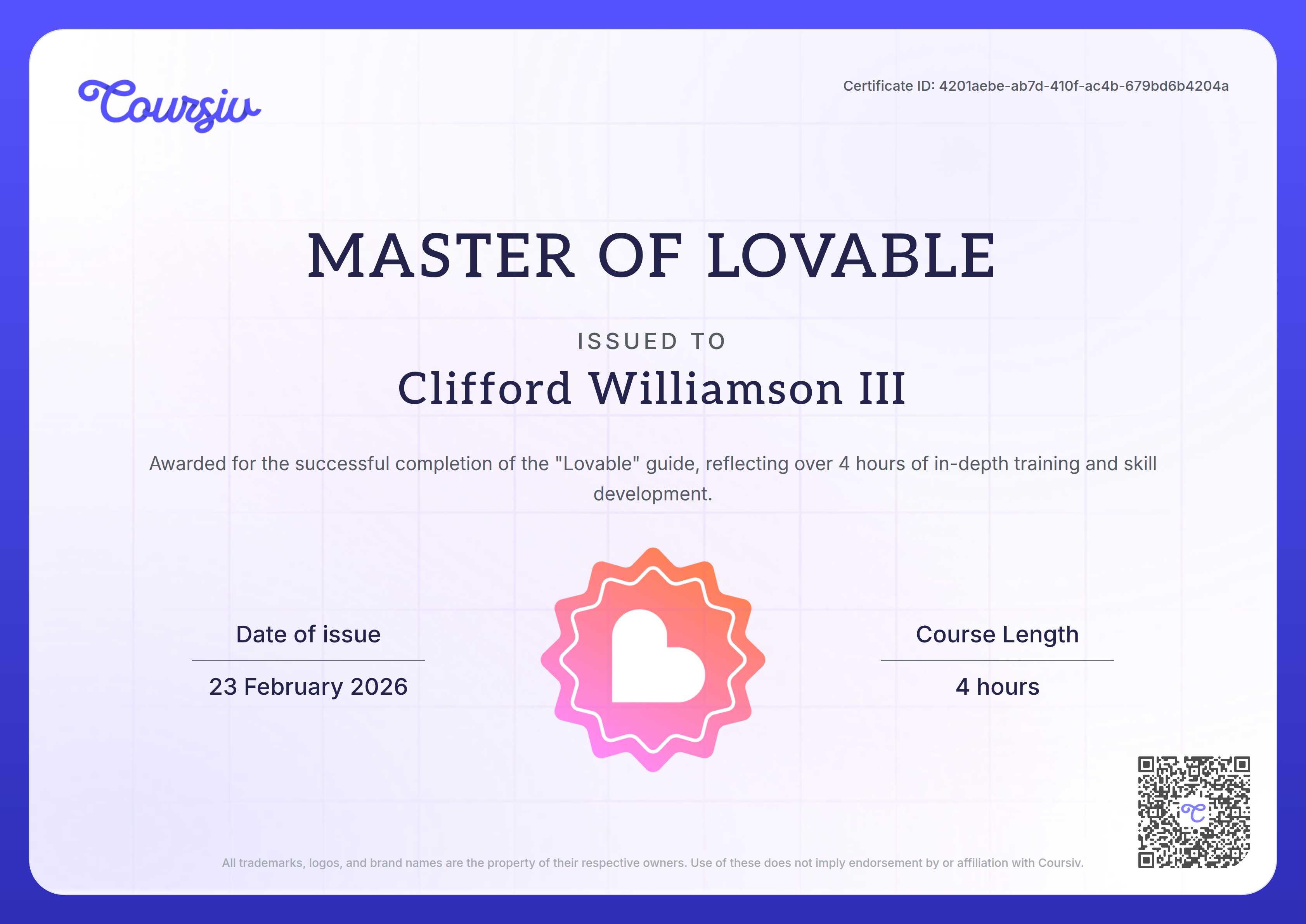 Certificate for Lovable