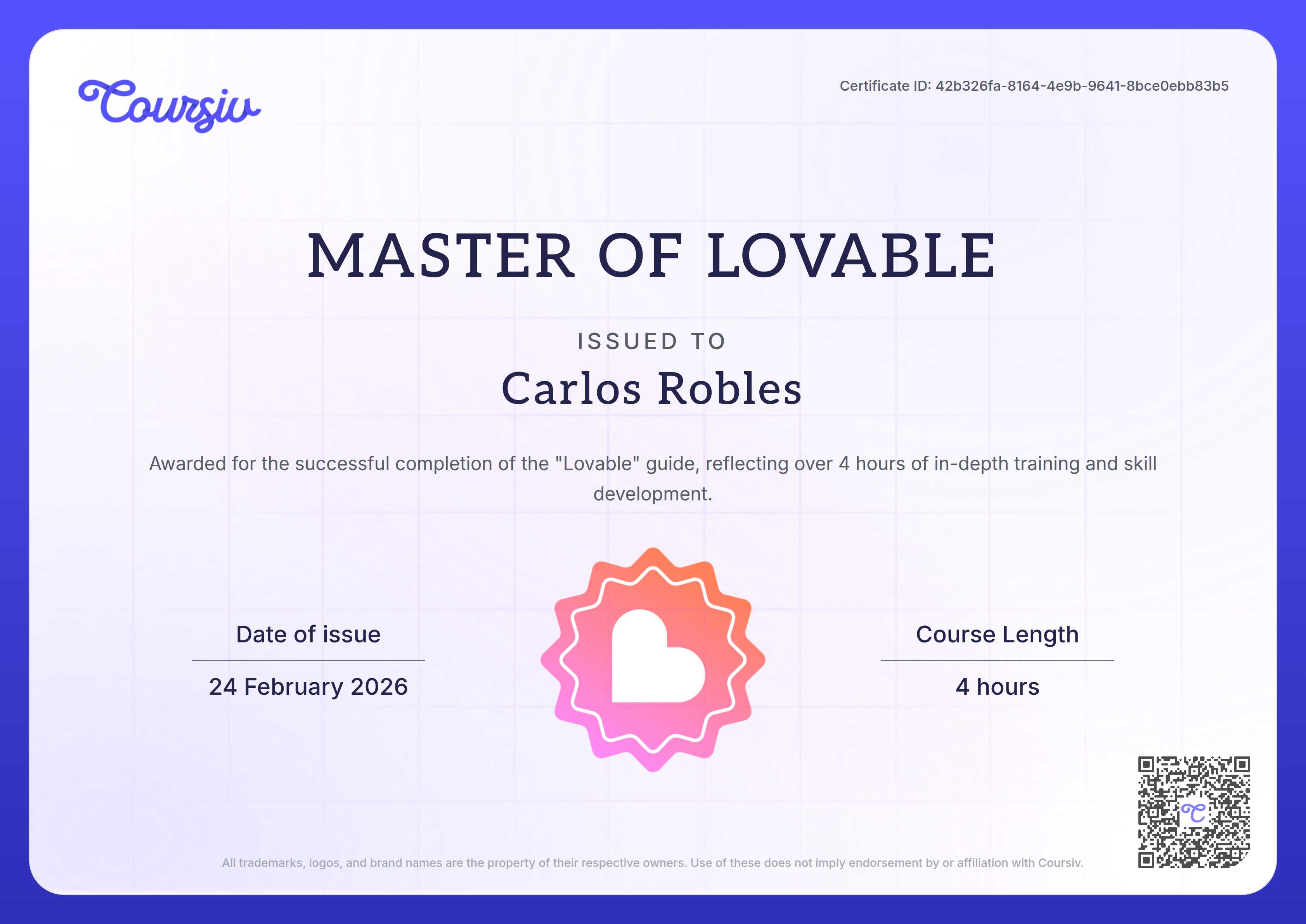 Certificate for Lovable