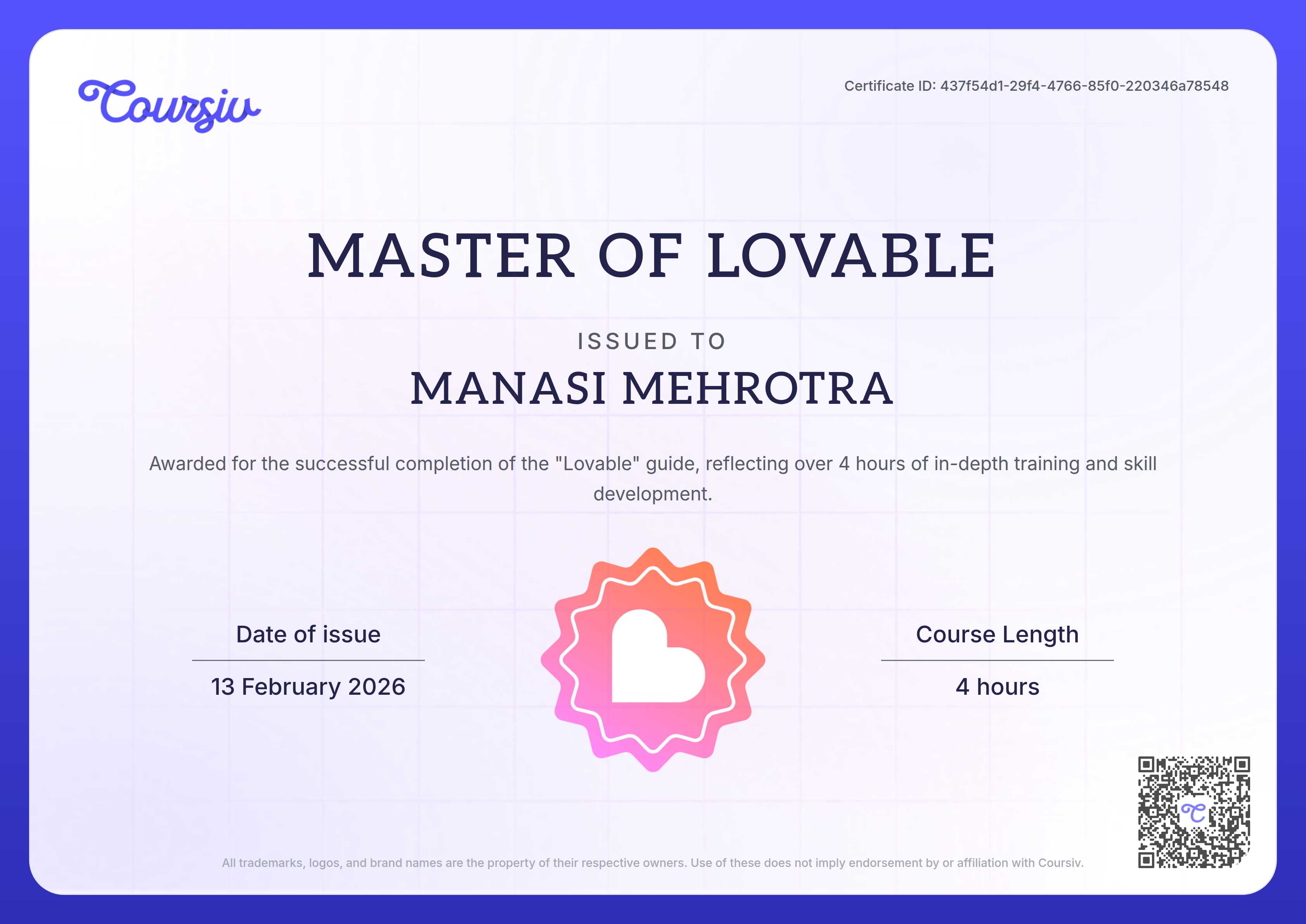 Certificate for Lovable