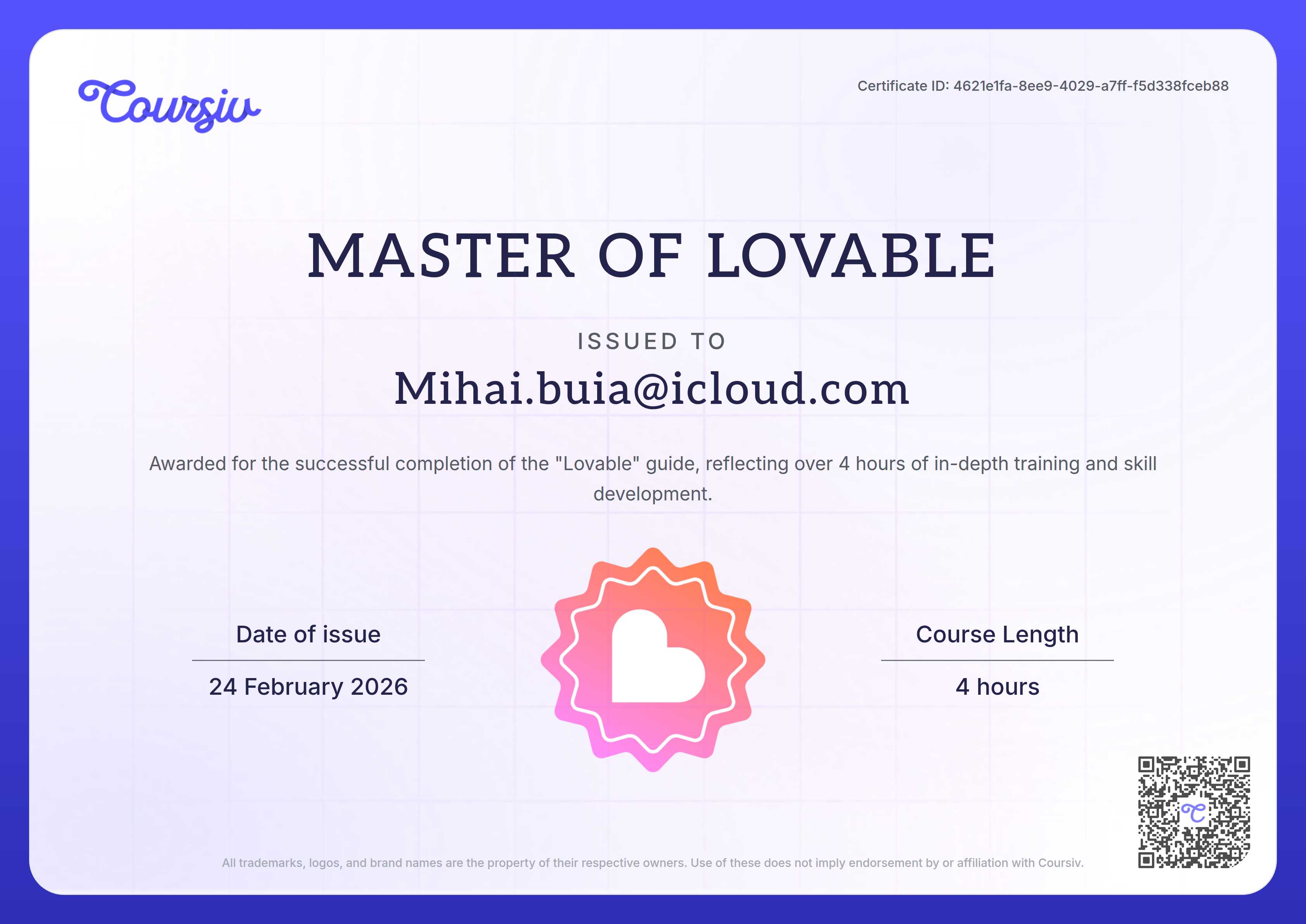 Certificate for Lovable