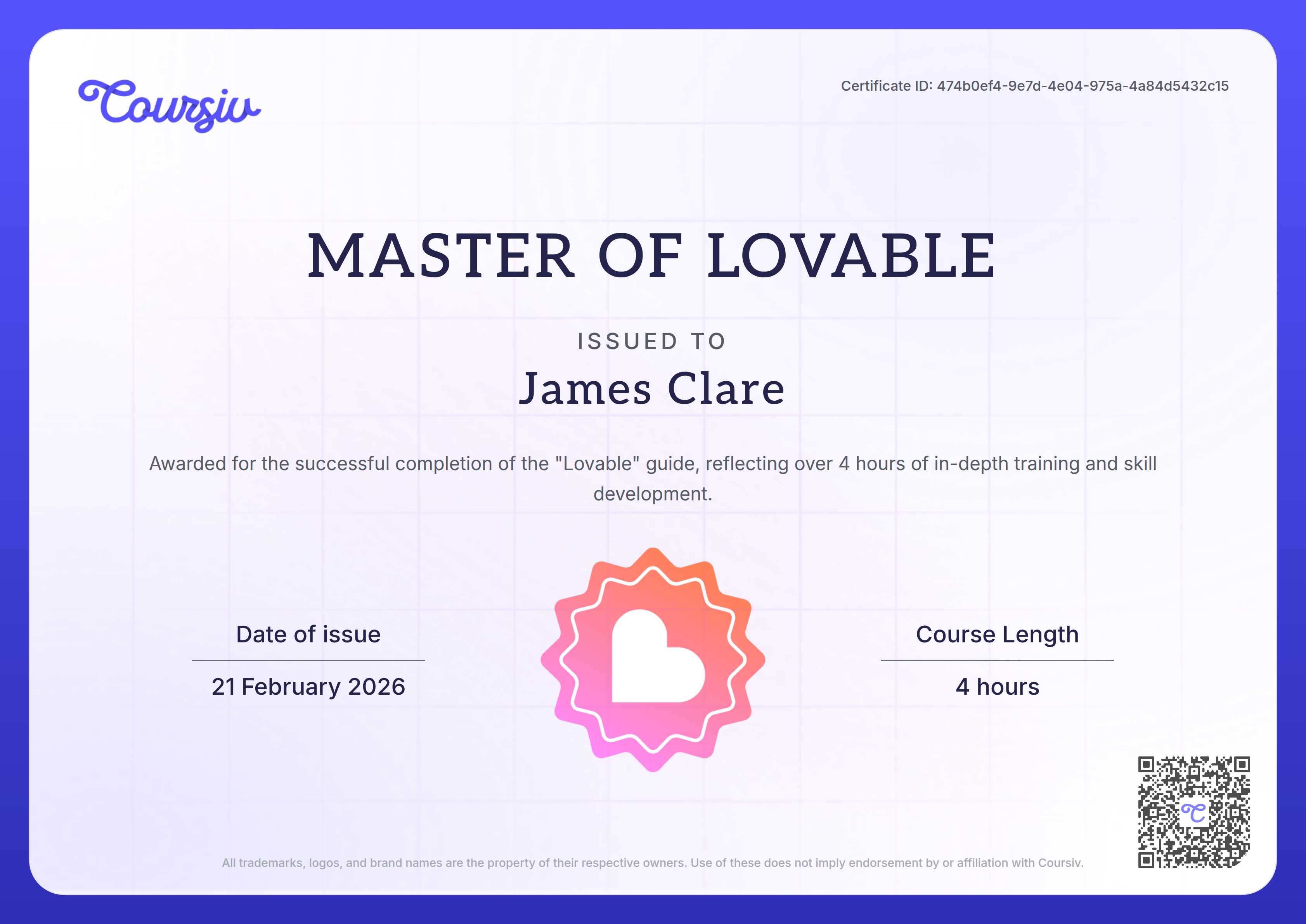 Certificate for Lovable