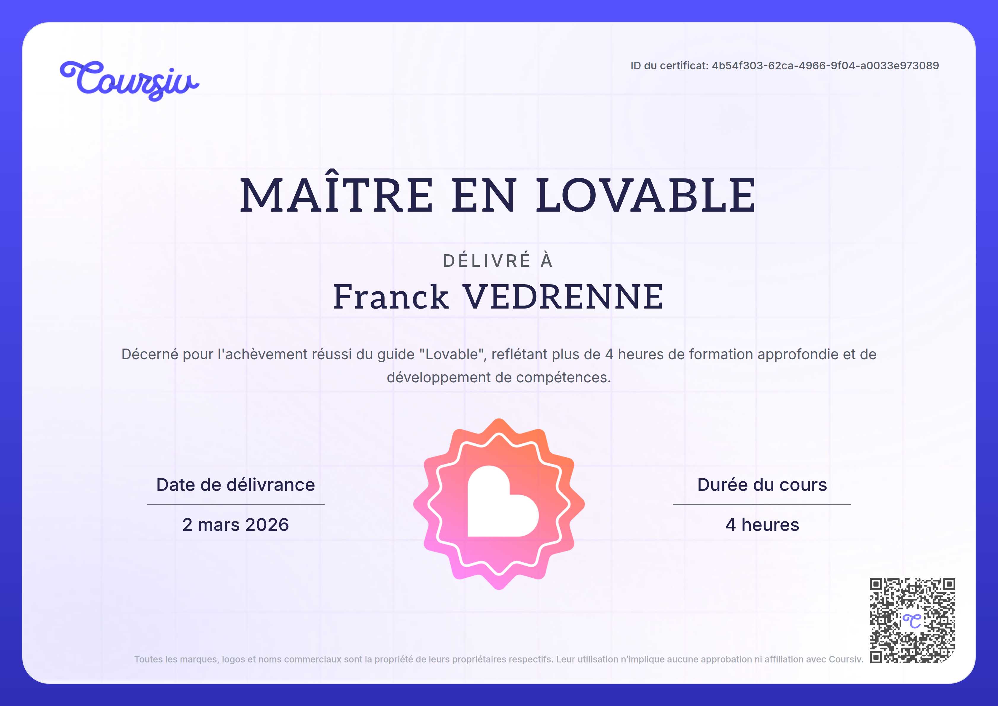 Certificate for Lovable