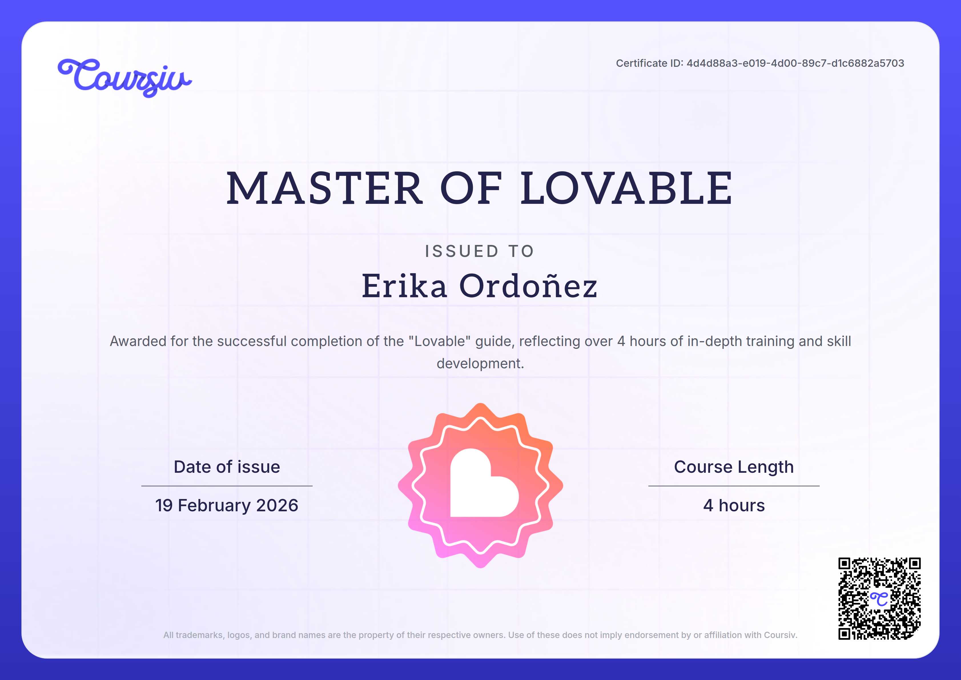 Certificate for Lovable