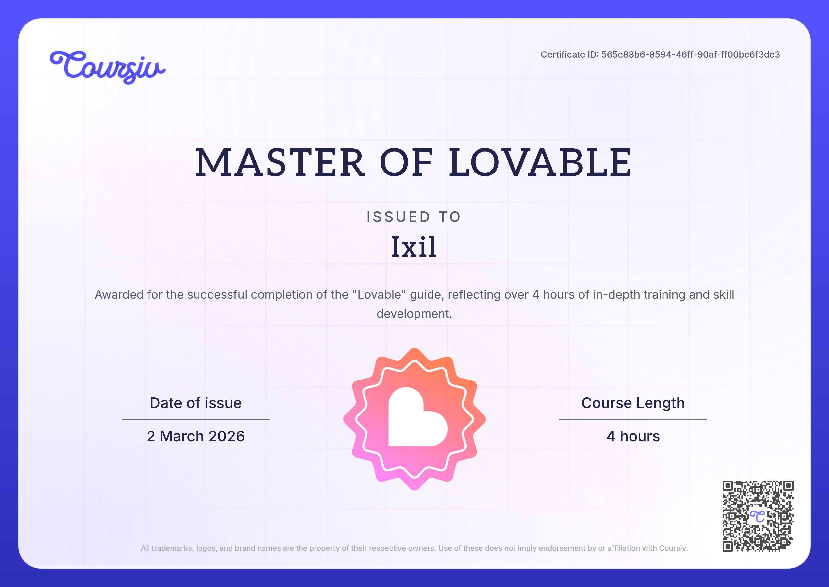 Certificate for Lovable
