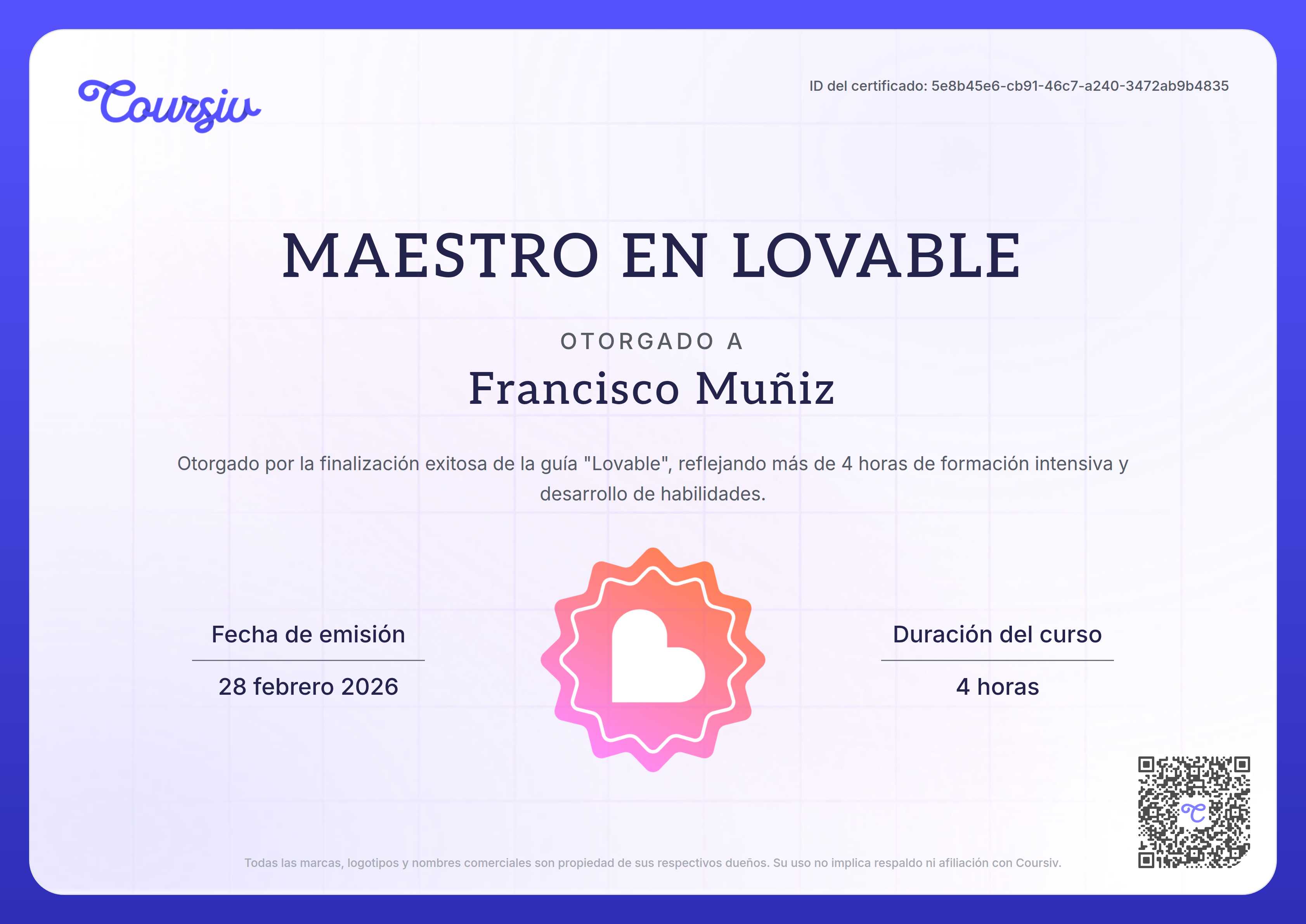 Certificate for Lovable