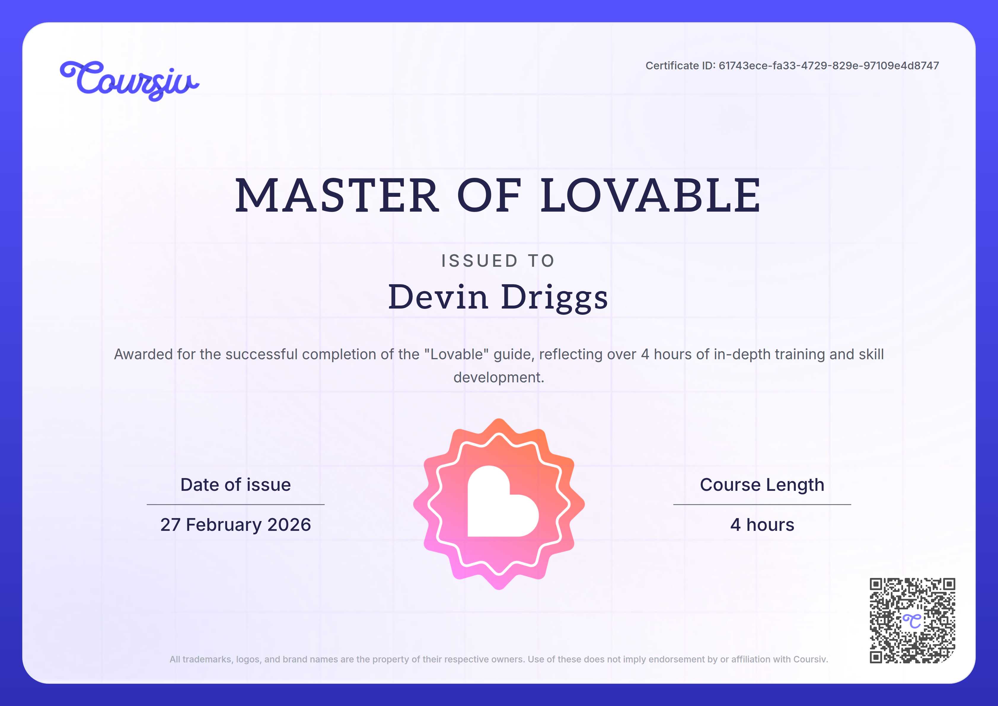 Certificate for Lovable