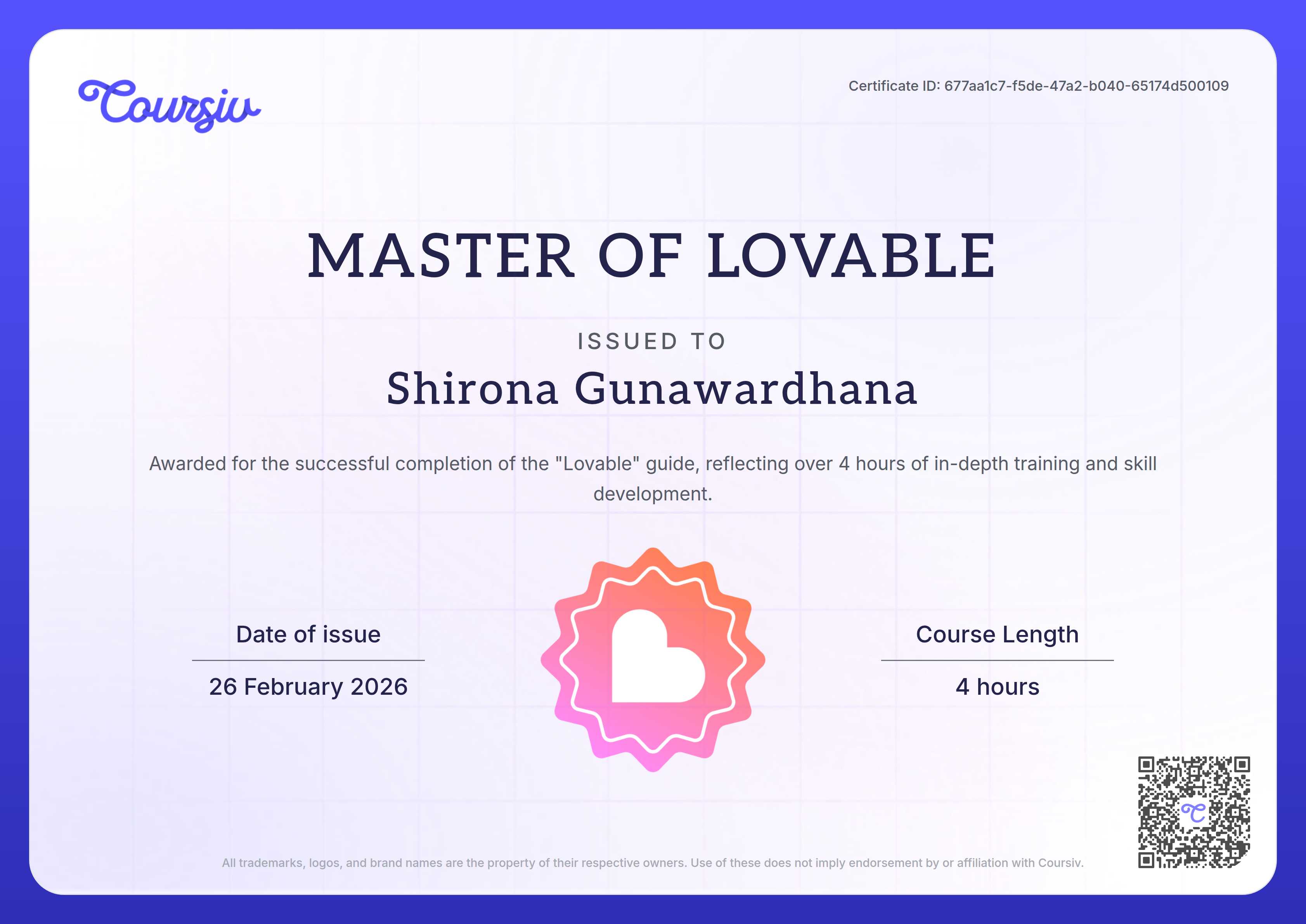 Certificate for Lovable