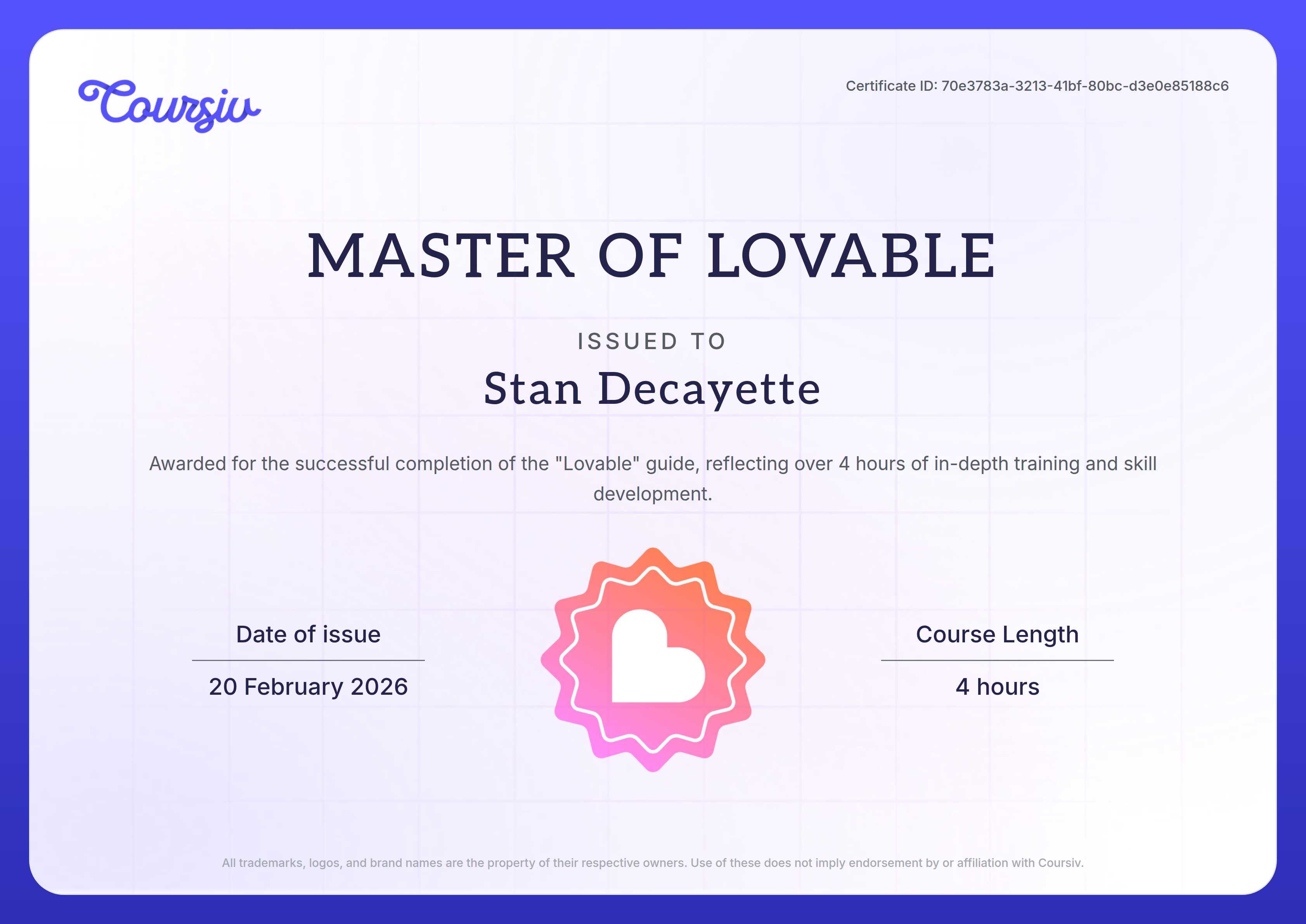Certificate for Lovable