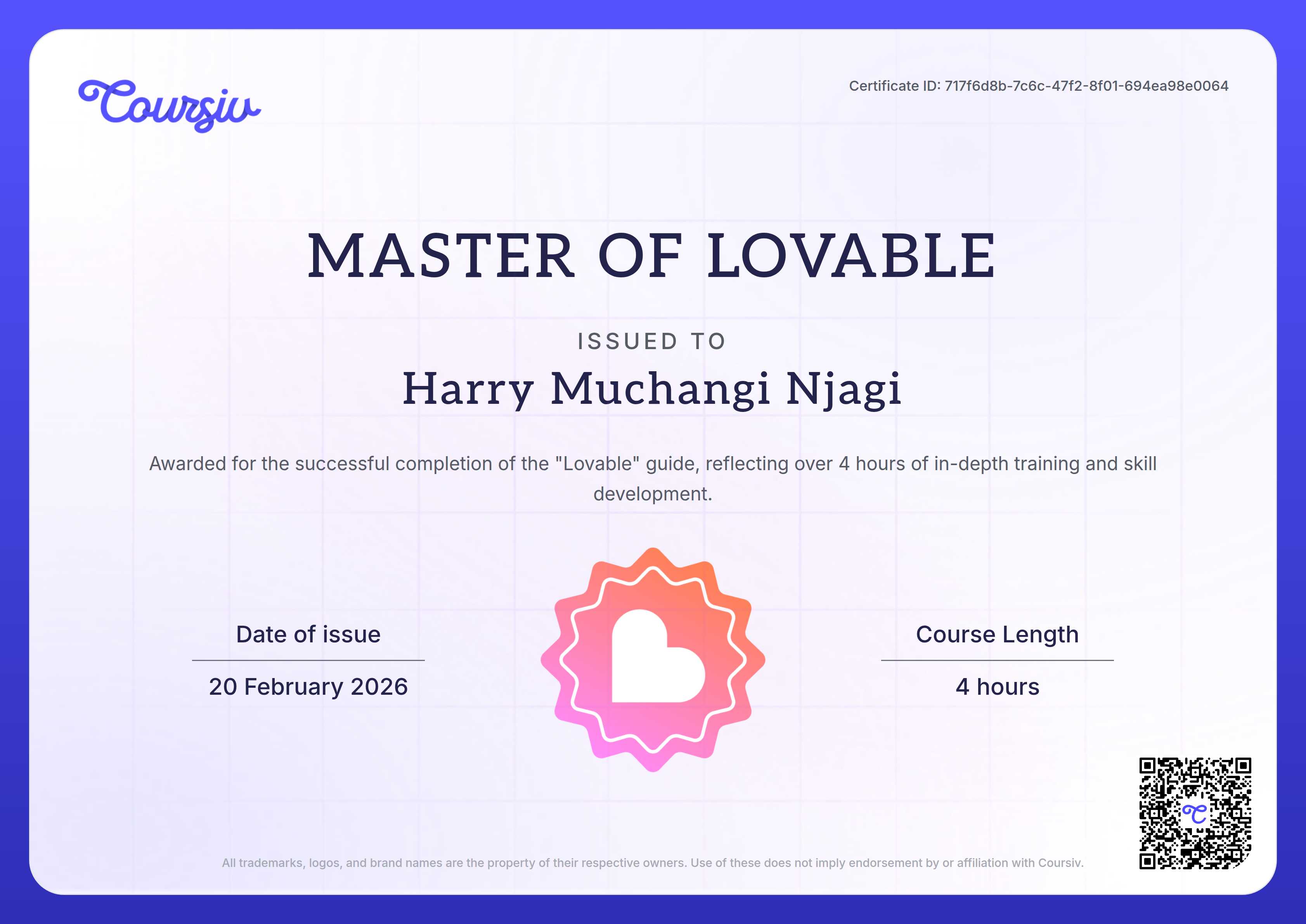 Certificate for Lovable