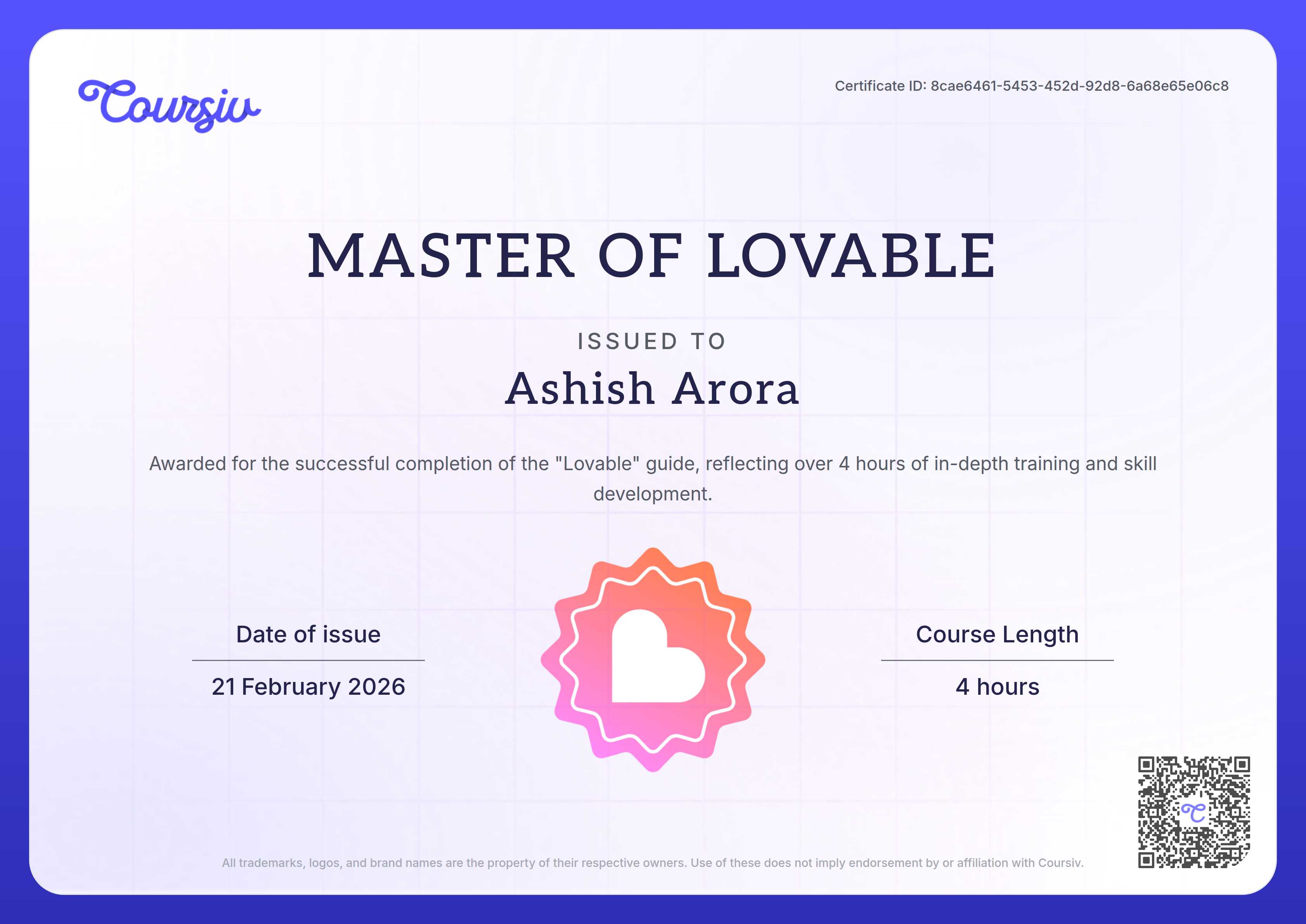 Certificate for Lovable