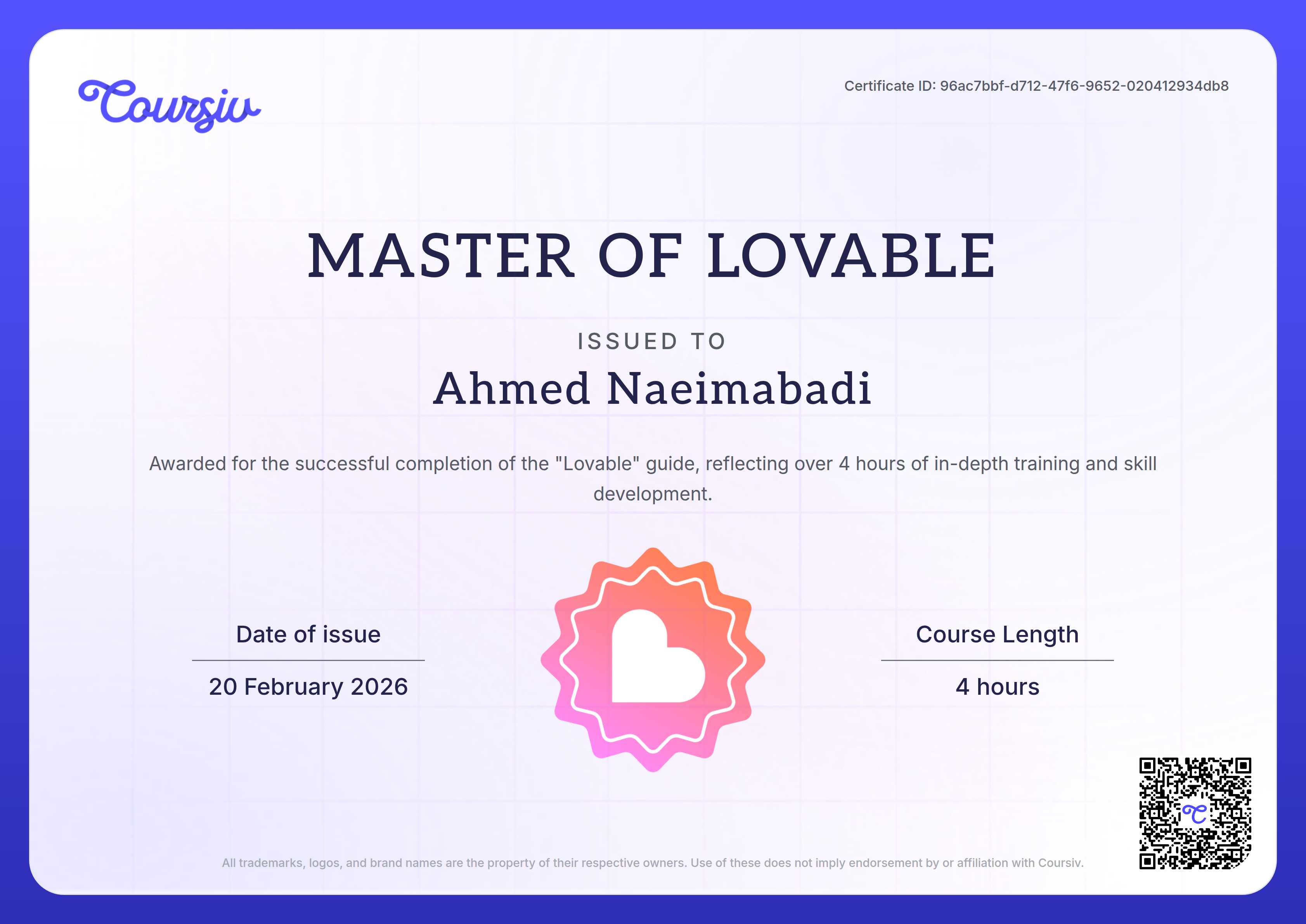Certificate for Lovable