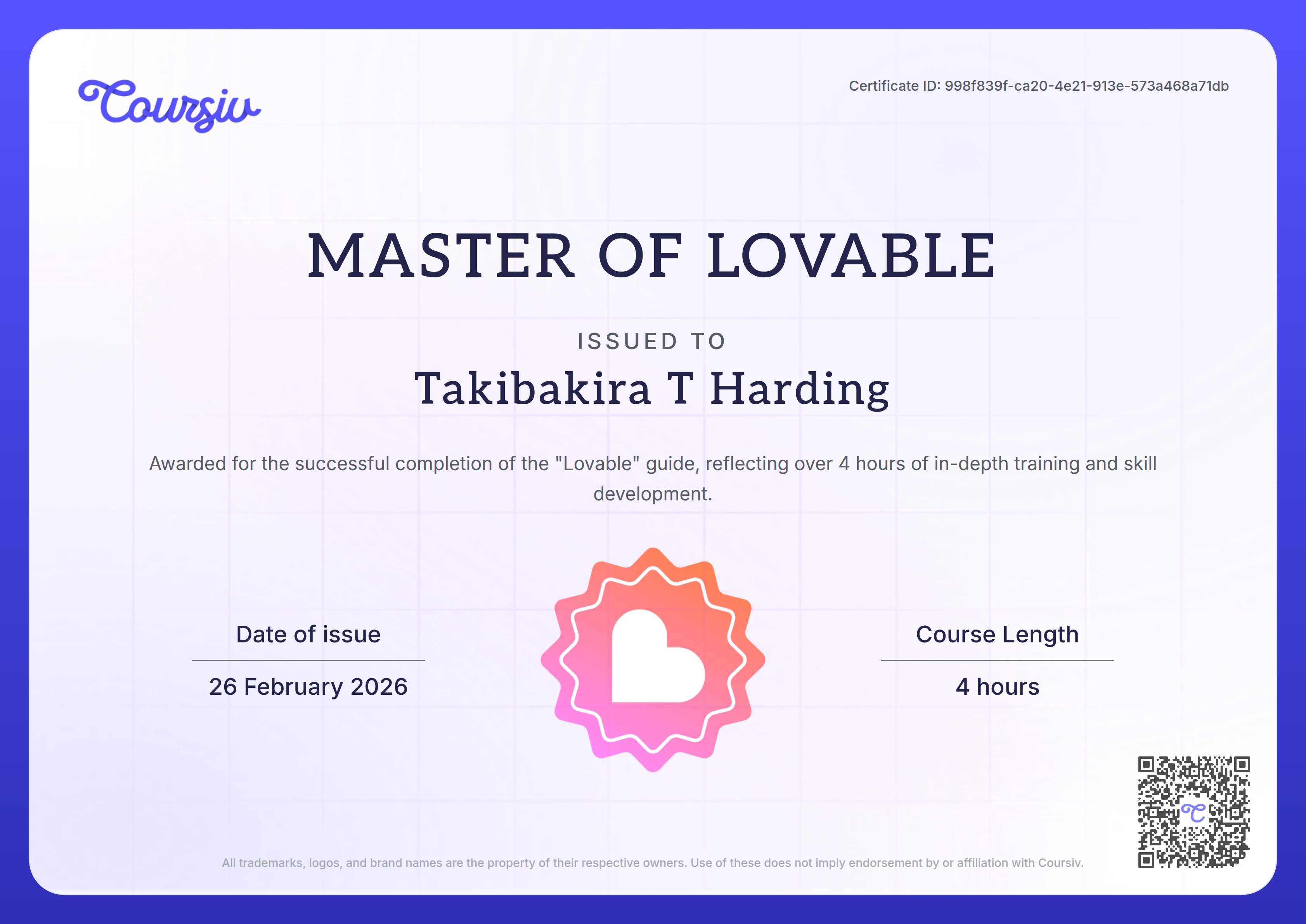 Certificate for Lovable