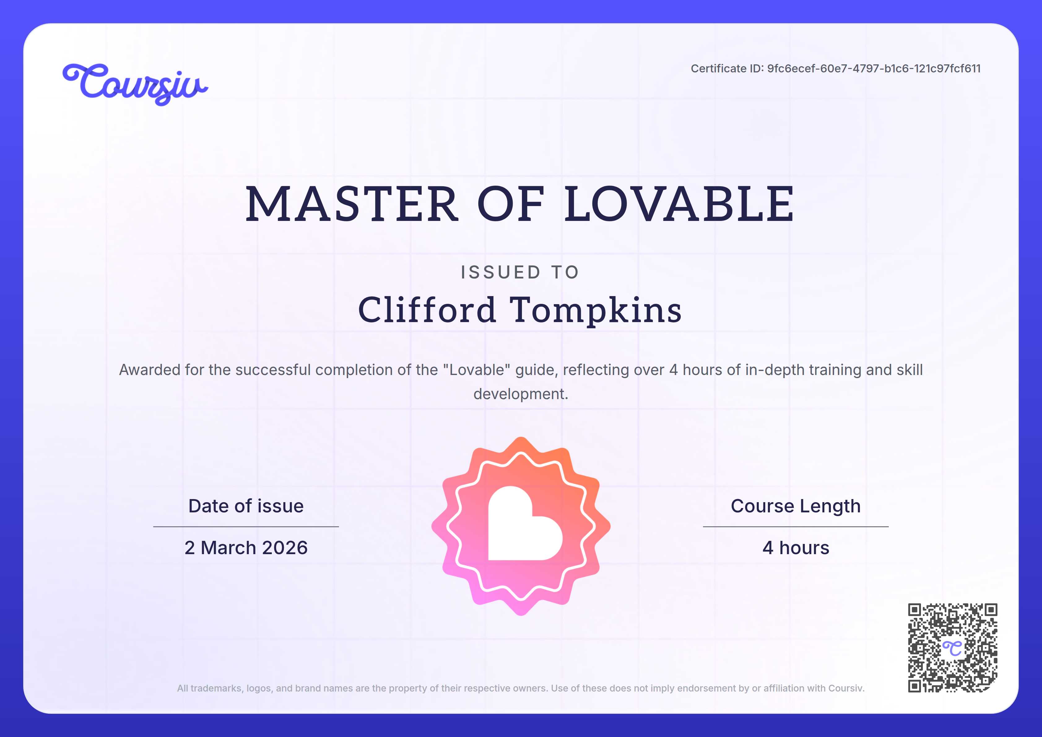 Certificate for Lovable