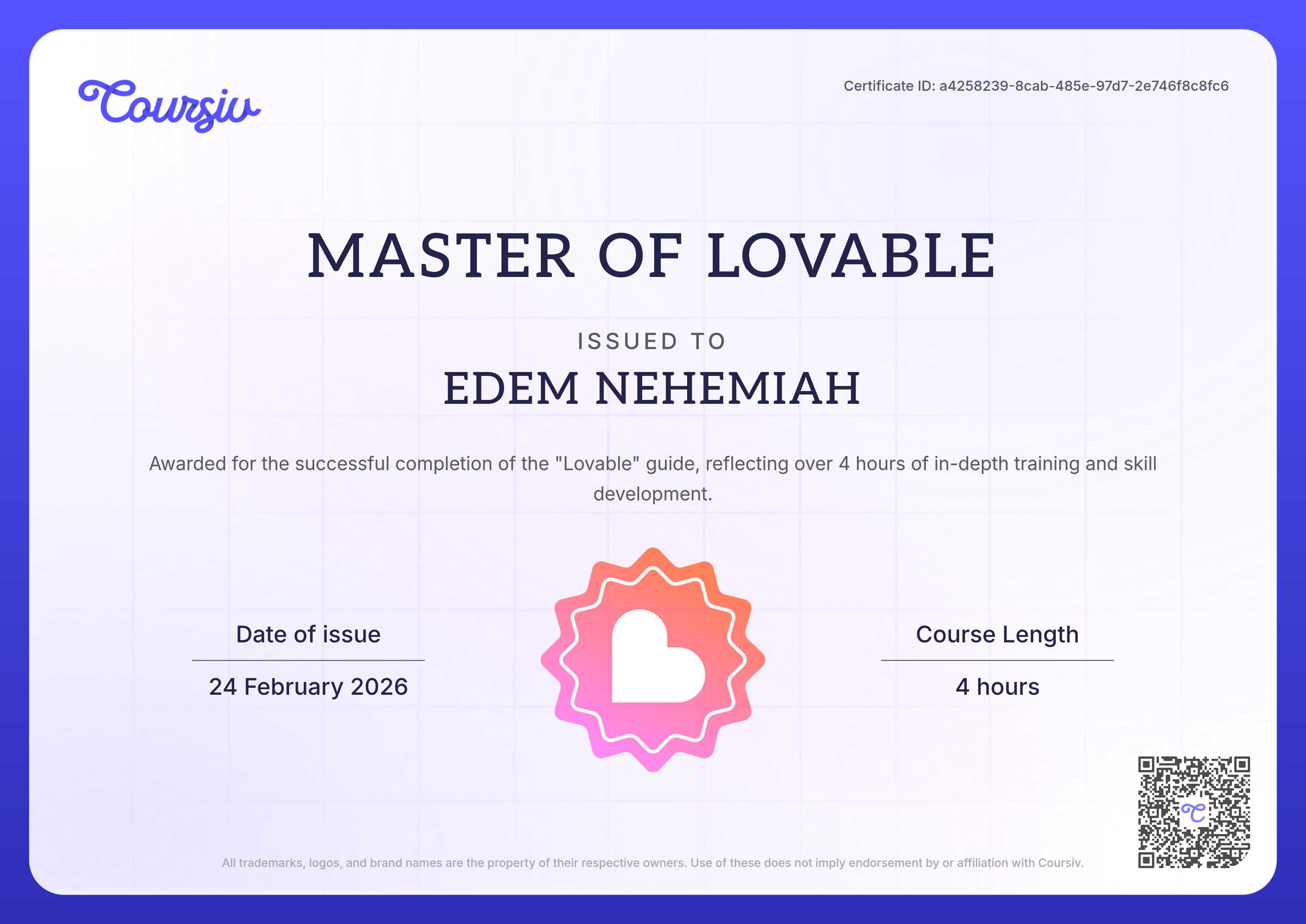 Certificate for Lovable