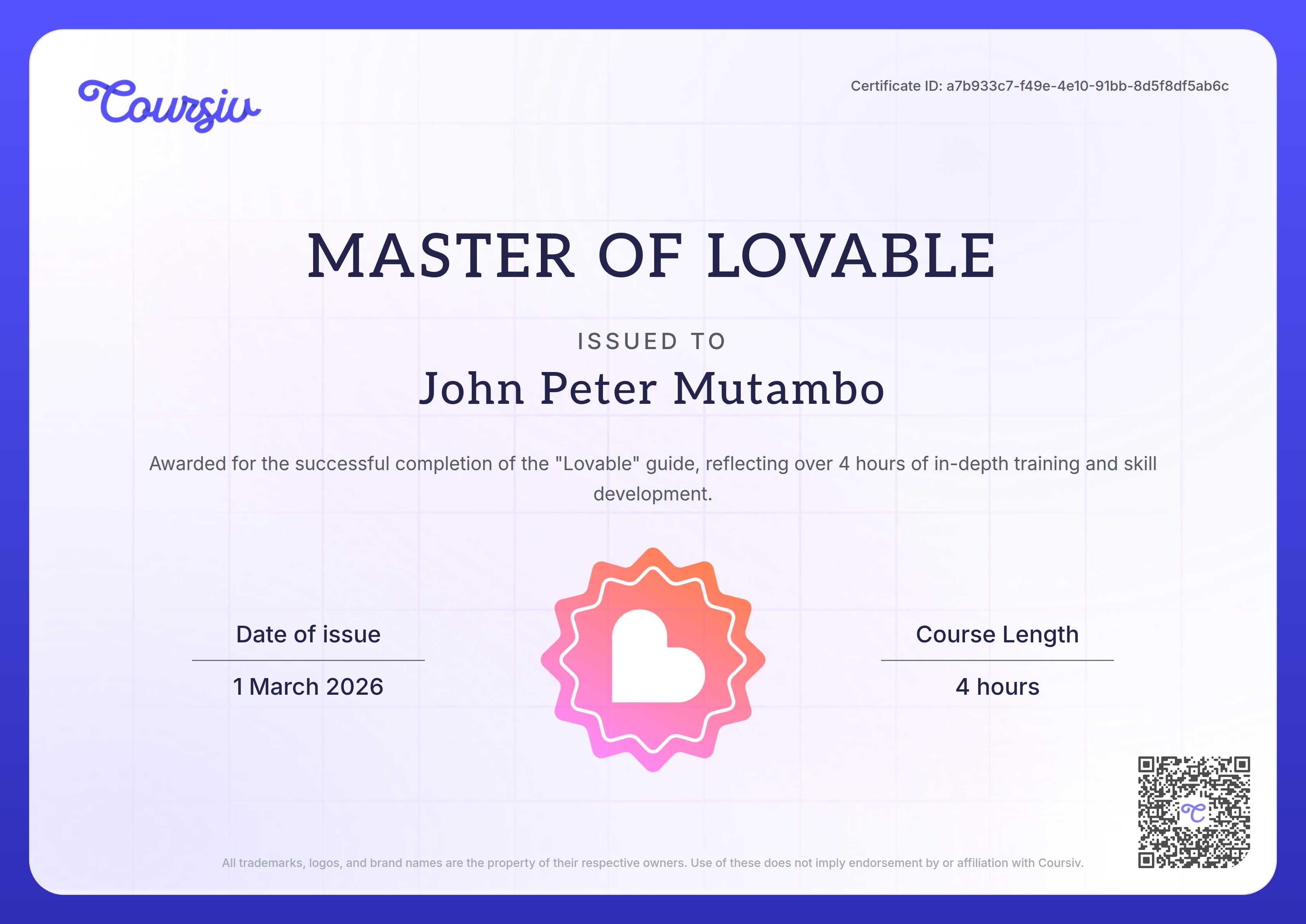 Certificate for Lovable