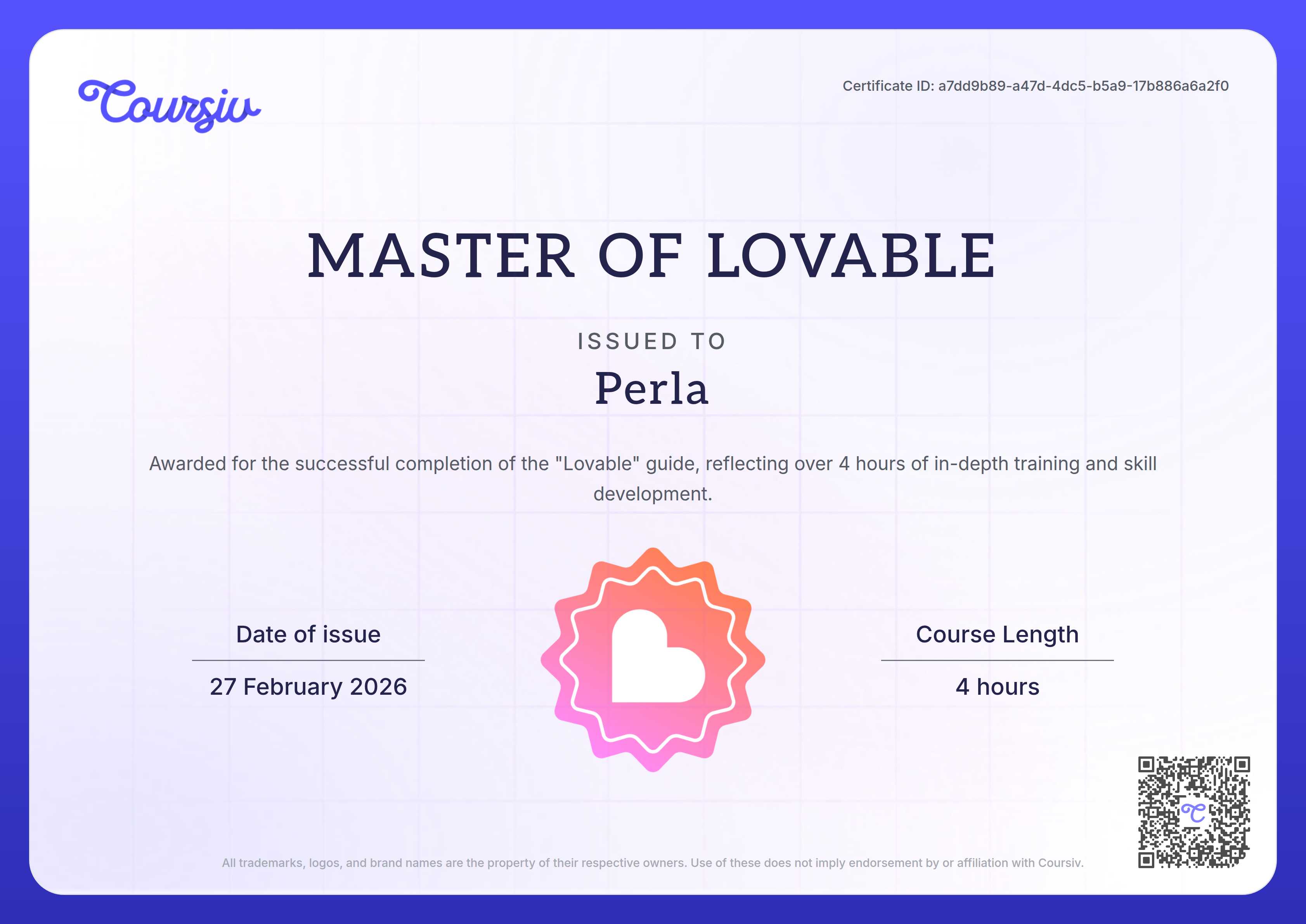 Certificate for Lovable