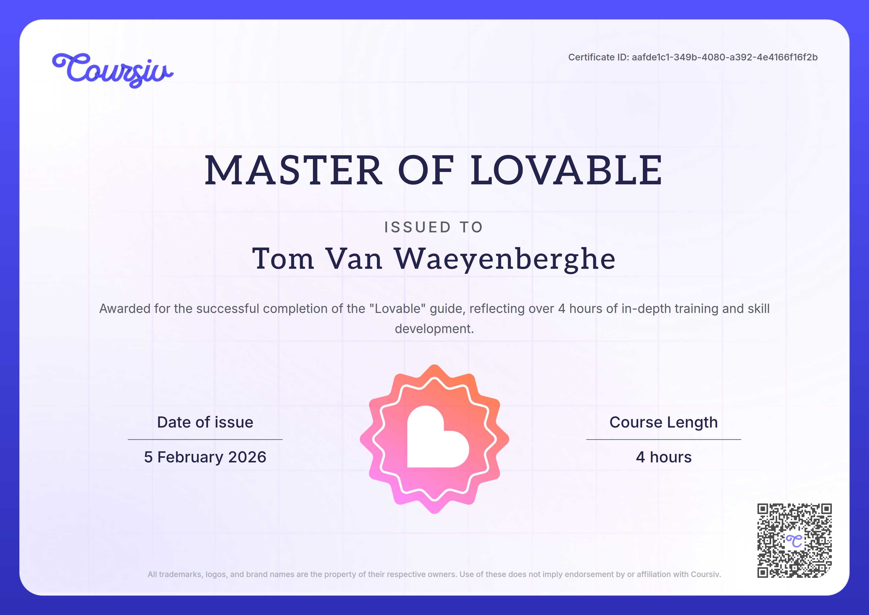 Certificate for Lovable