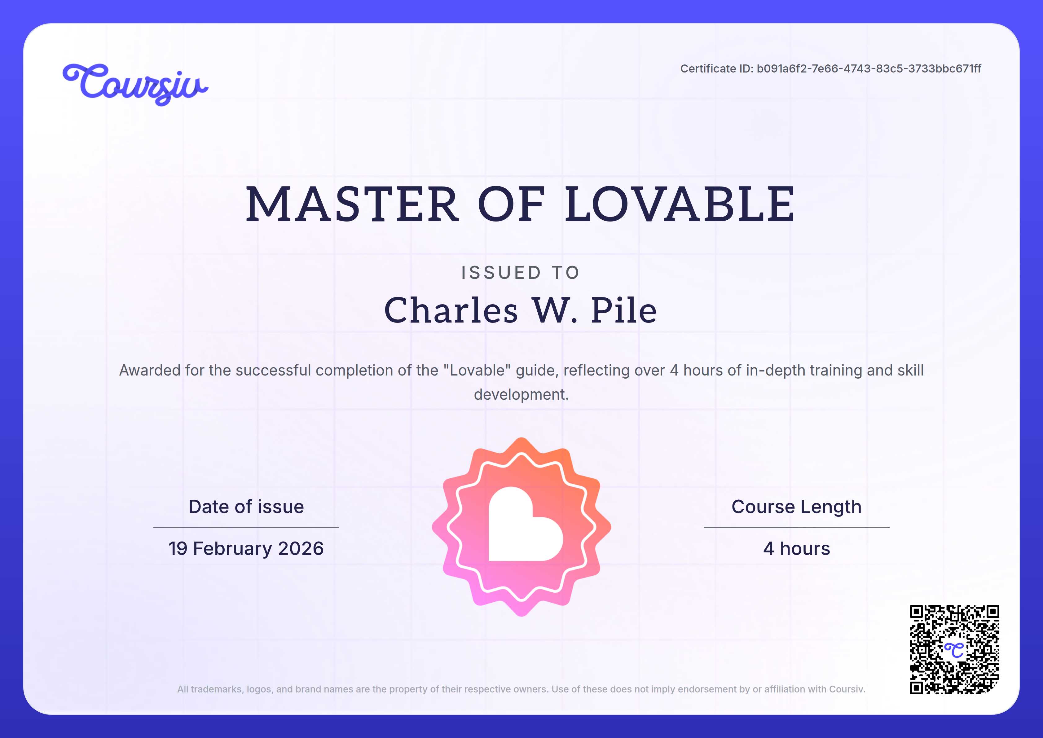 Certificate for Lovable