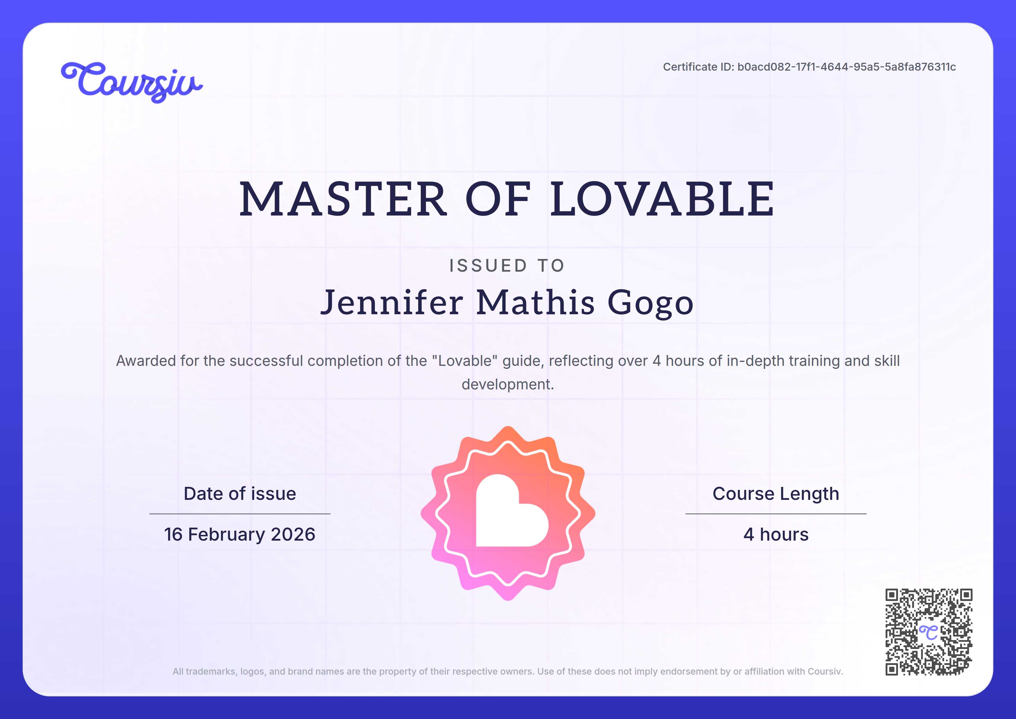 Certificate for Lovable