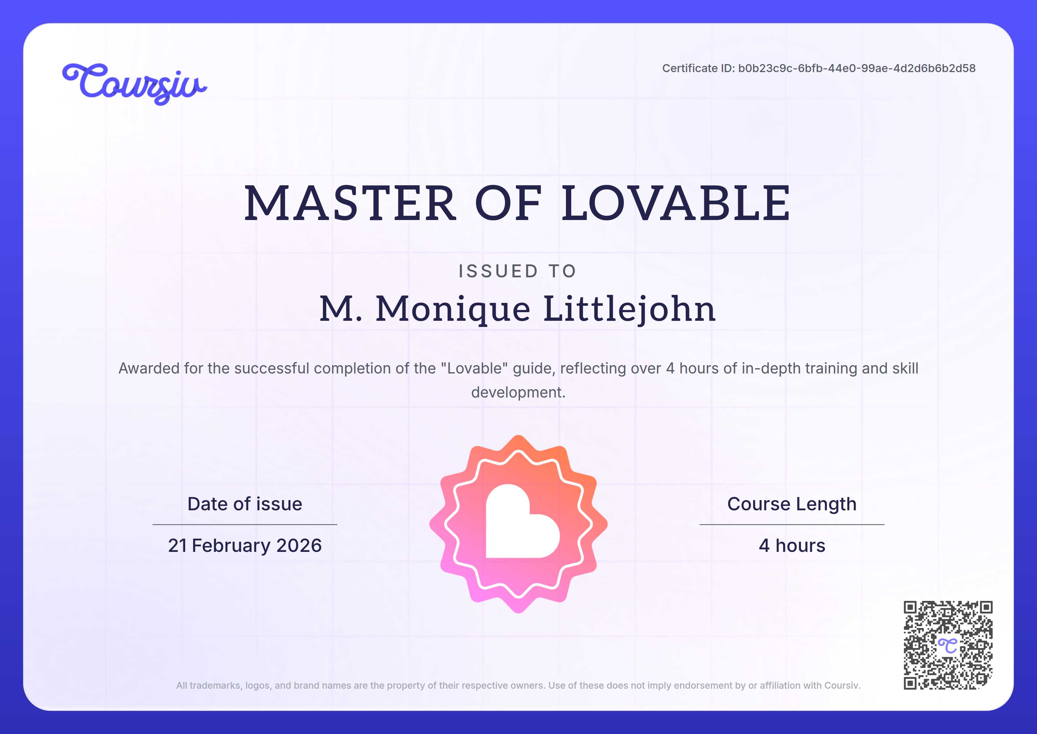 Certificate for Lovable