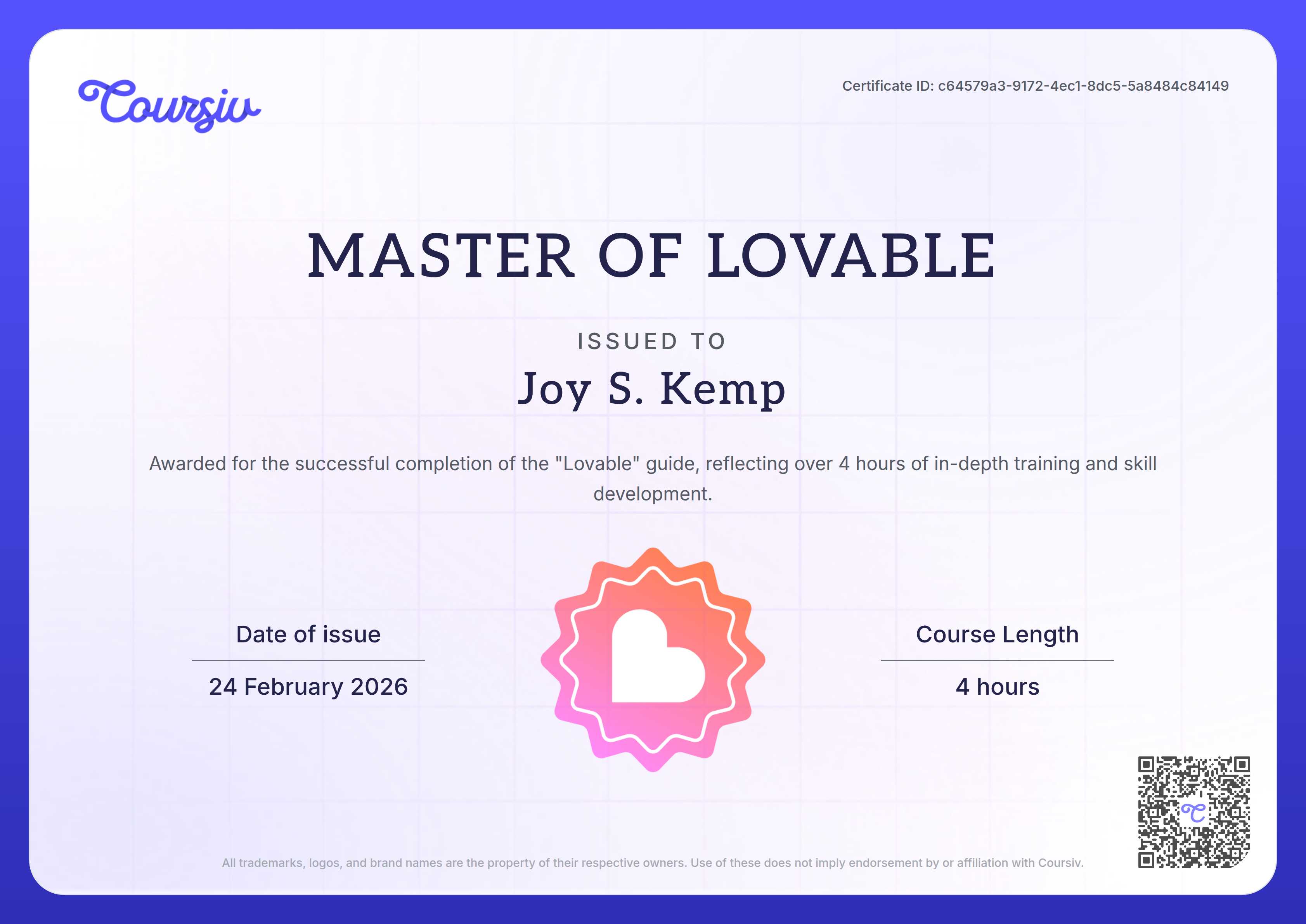 Certificate for Lovable