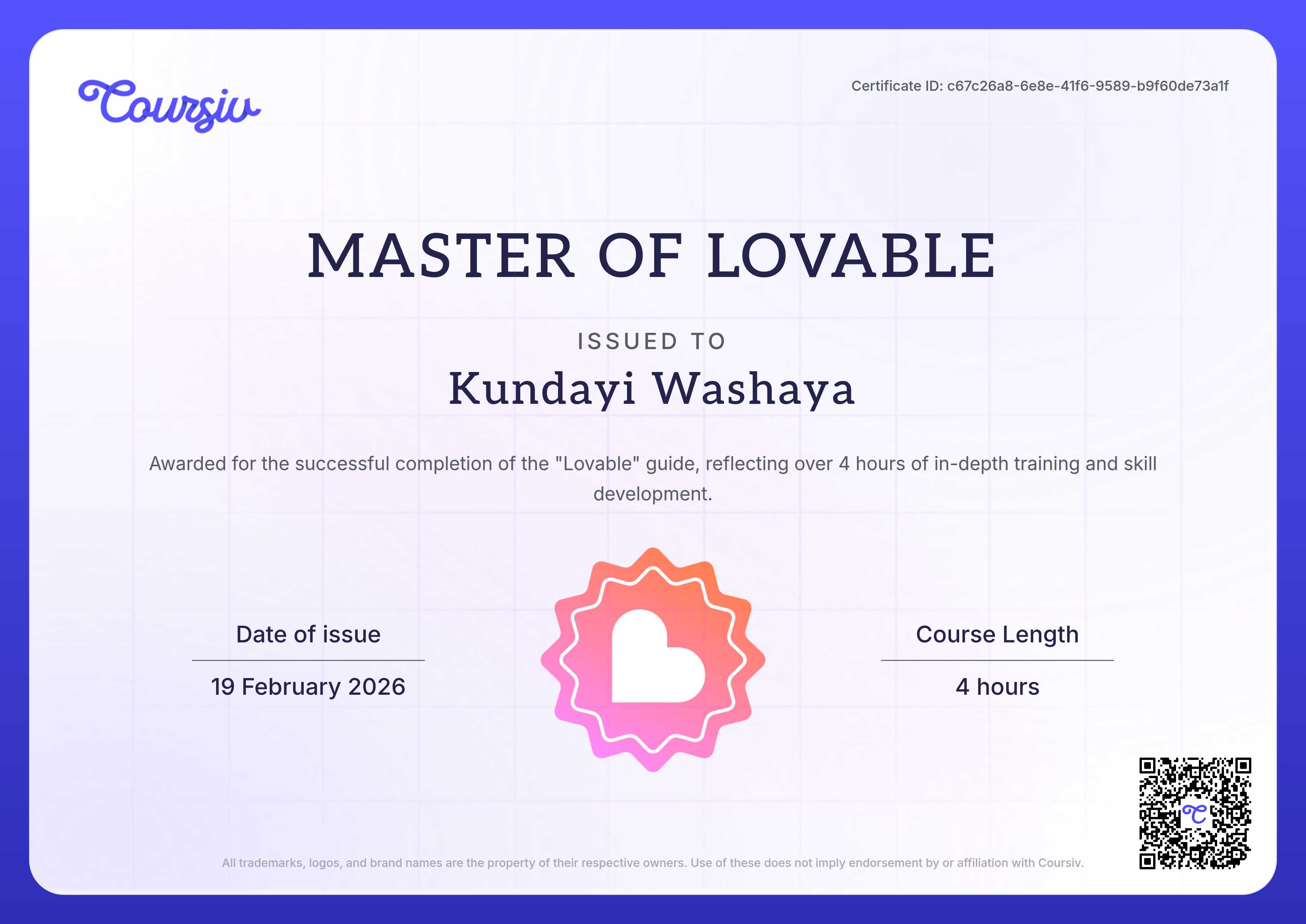 Certificate for Lovable