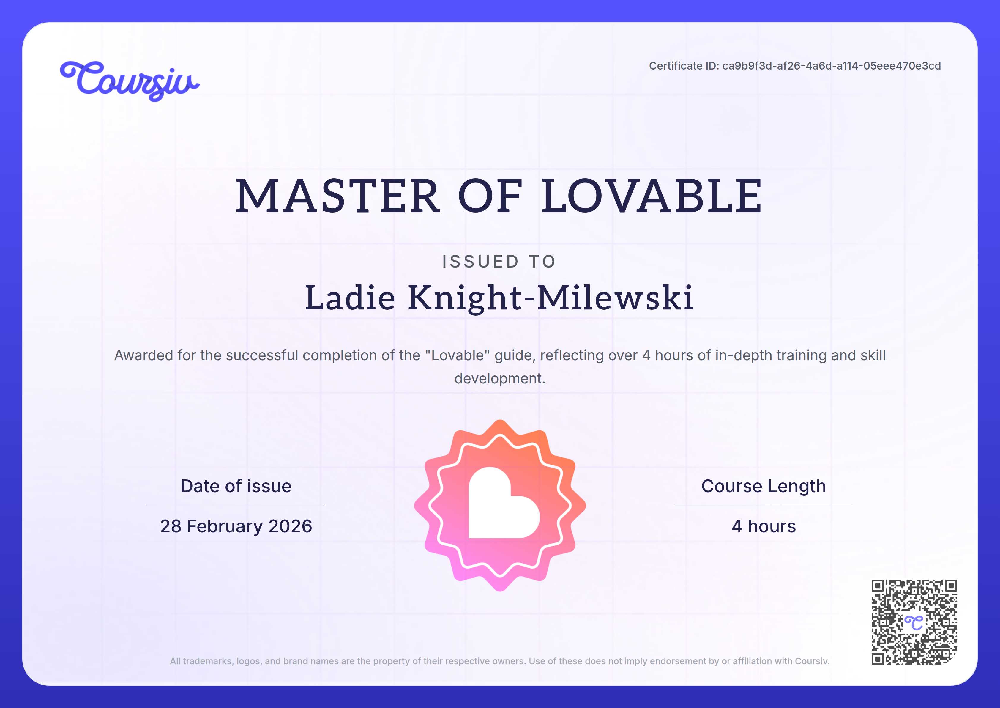 Certificate for Lovable