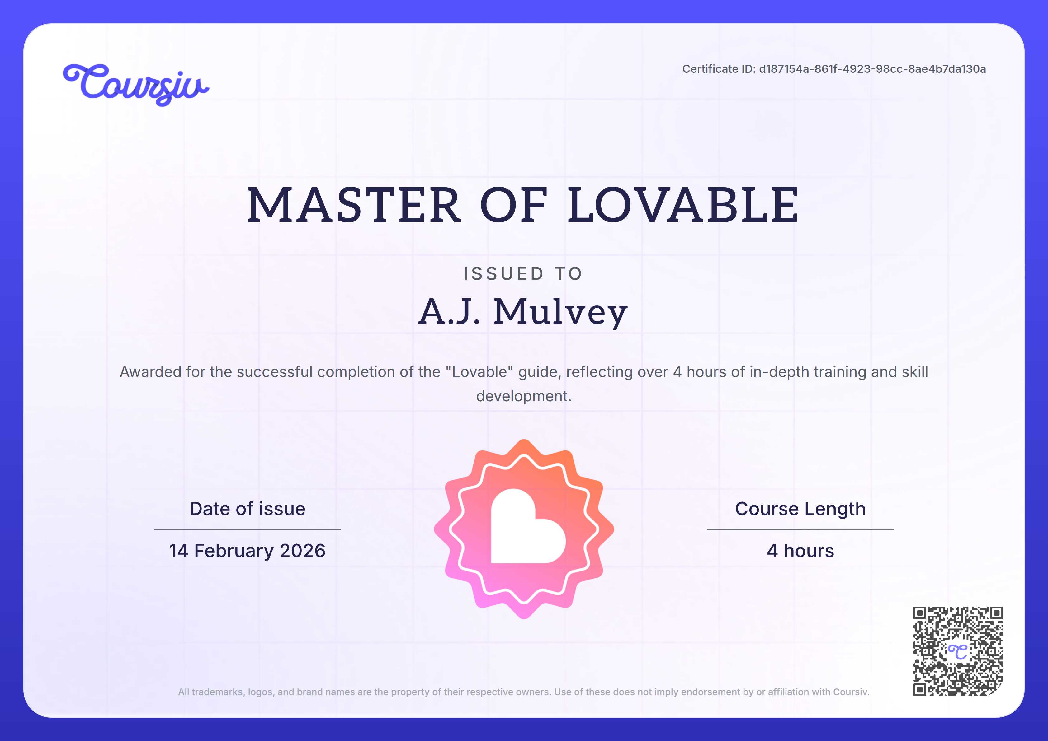 Certificate for Lovable